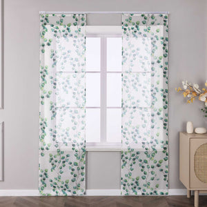 Hook-and-Loop Sliding Panel Curtains with Green Leaf Pattern Light-Filtering Set of 2 - Green, H x W 145 x 57 cm