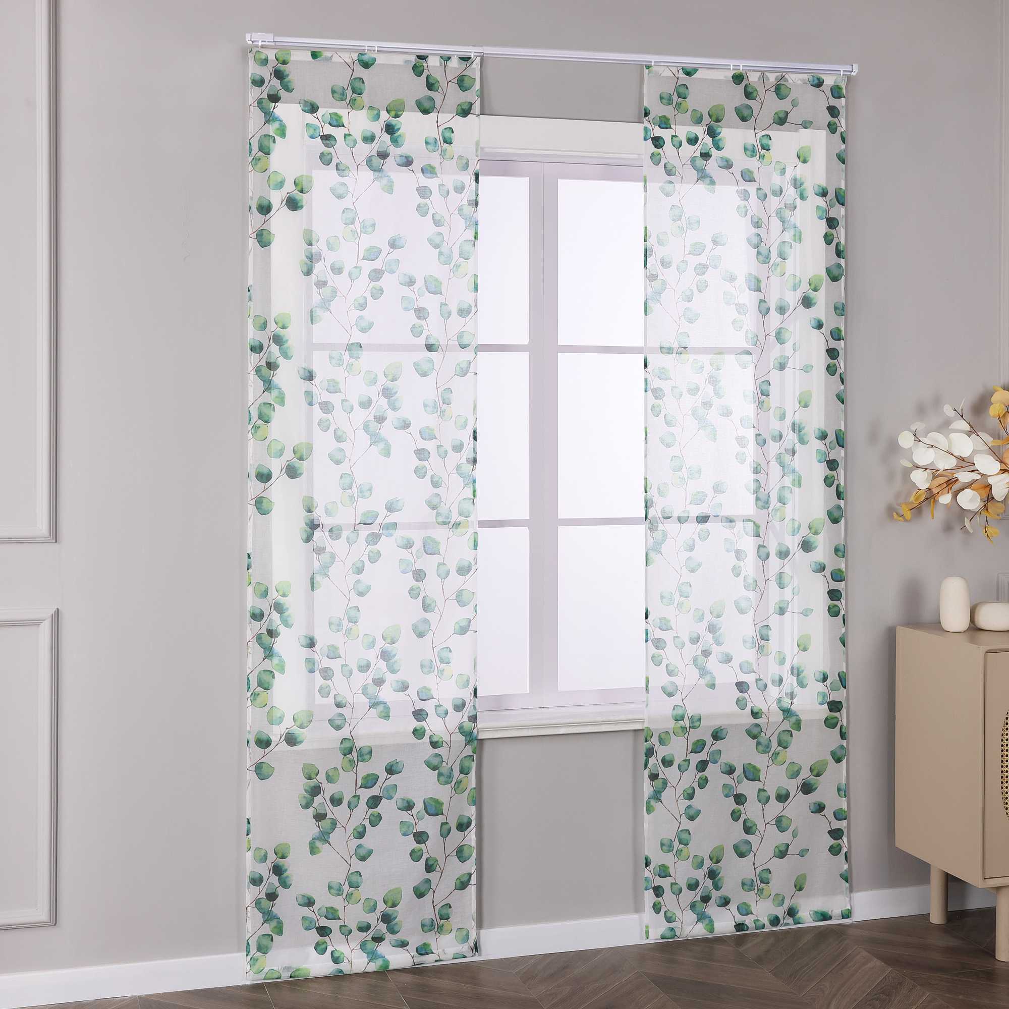 Hook-and-Loop Sliding Panel Curtains with Green Leaf Pattern Light-Filtering Set of 2 - Green, H x W 175 x 57 cm