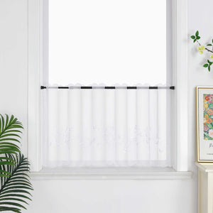 Cafe Curtain with Floral Embroidery - White, H x W 30 x 120cm