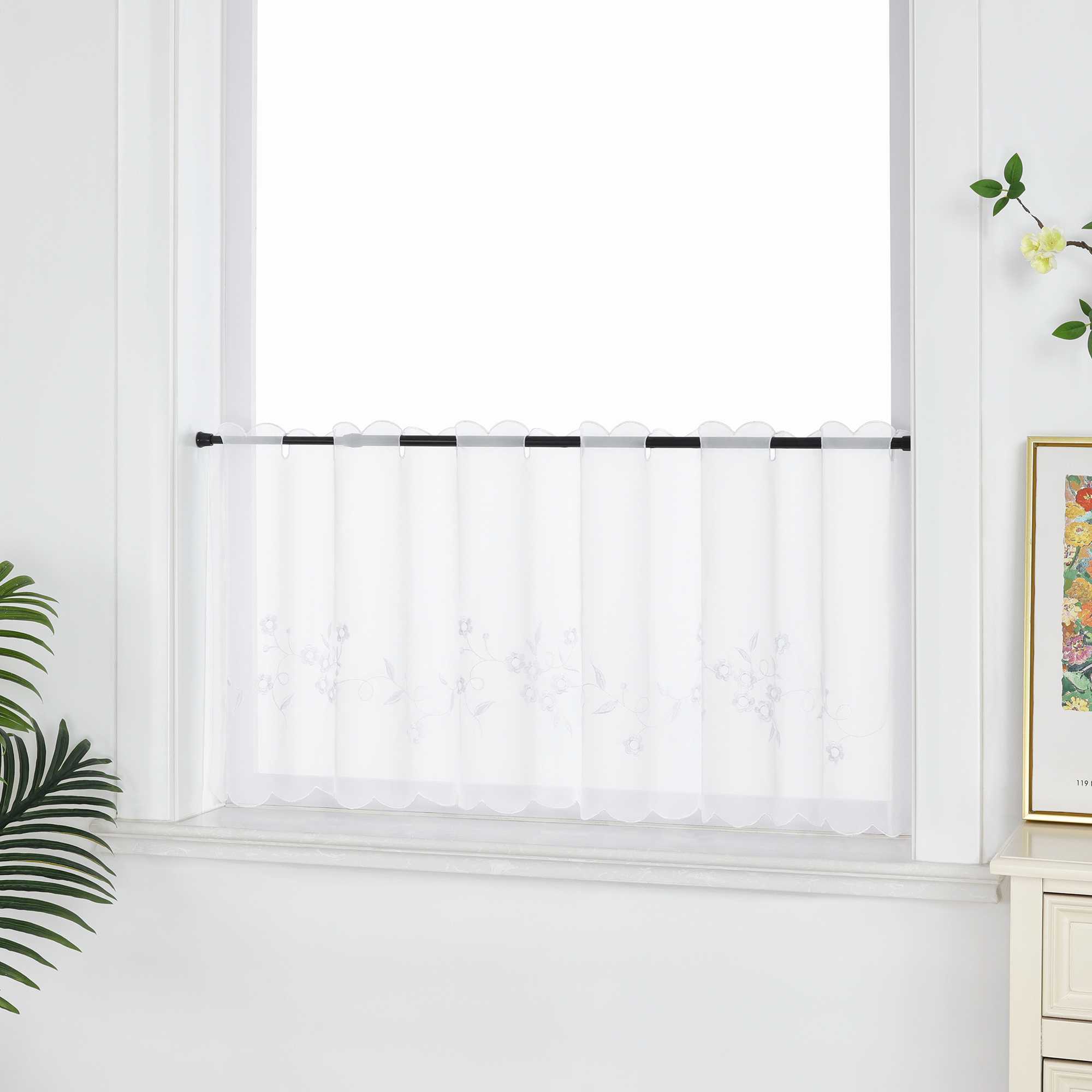 Cafe Curtain with Floral Embroidery - White, H x W 45 x 90cm