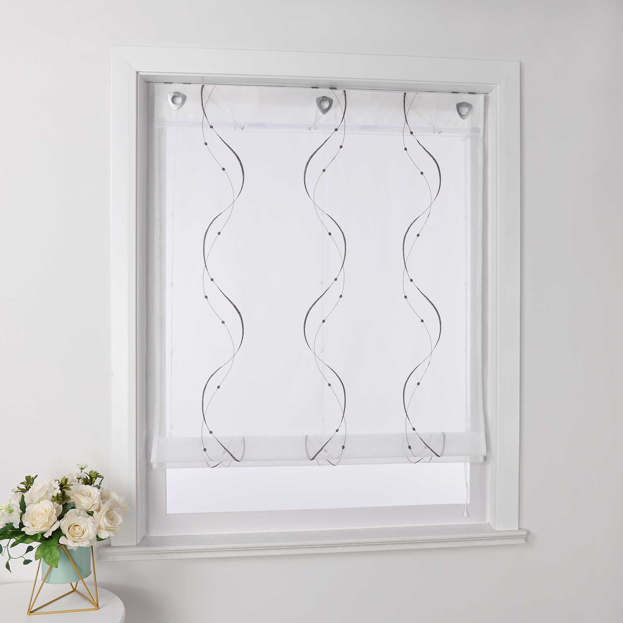 Roman Shade No-Drill with U-Hooks and Embroidery 1 Piece - White, W x H 80 x 140cm