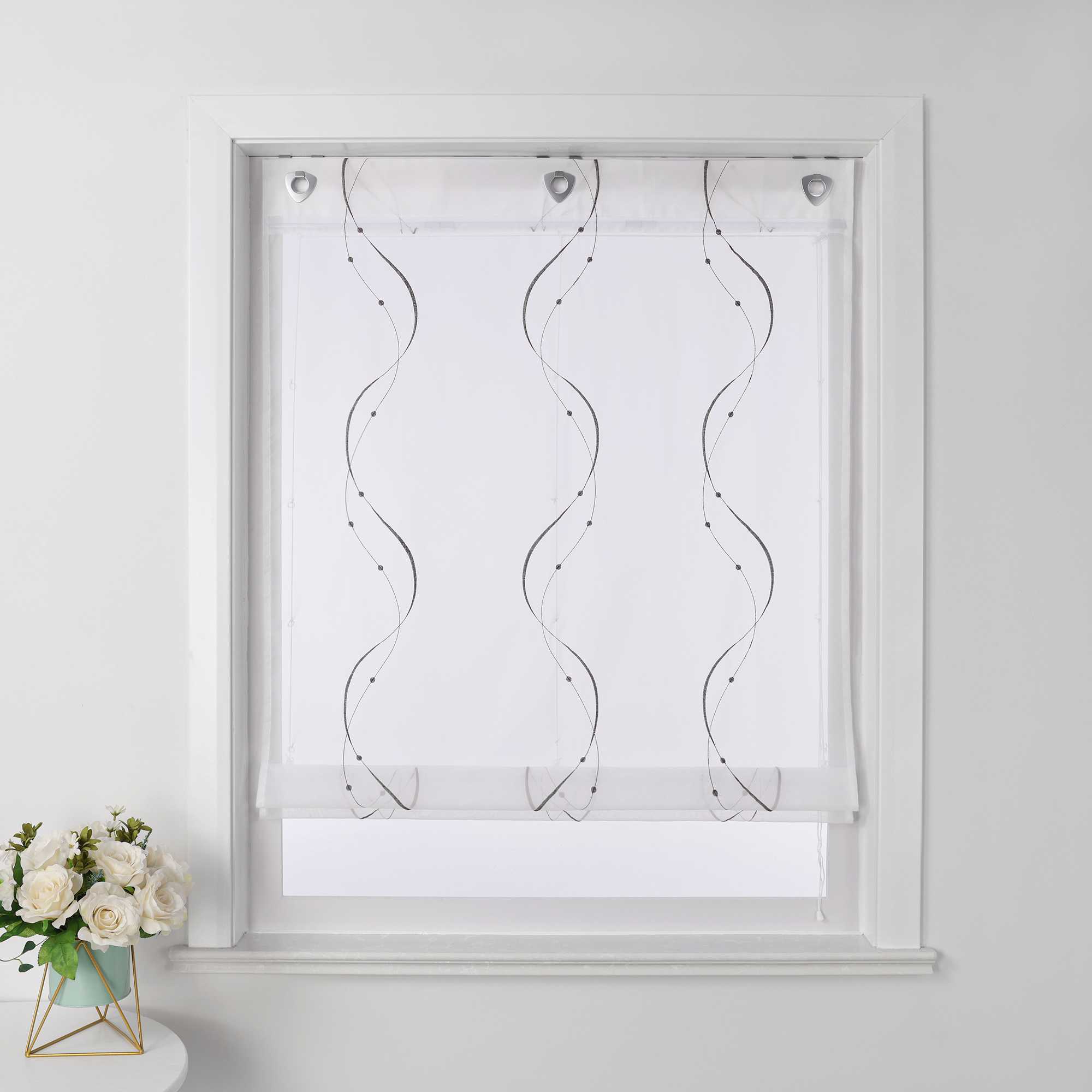 Roman Shade No-Drill with U-Hooks and Embroidery 1 Piece - White, W x H 60 x 140cm