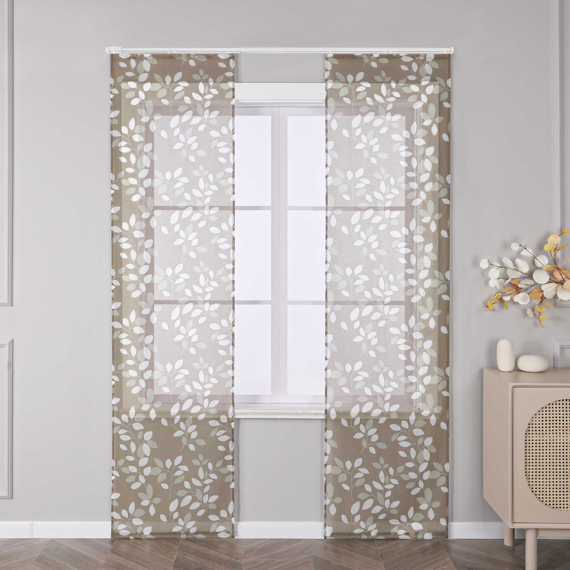 Hook-and-Loop Sliding Panel Curtains with Leaf Pattern Light-Filtering Set of 2 - Brown, H x W 145 x 57 cm