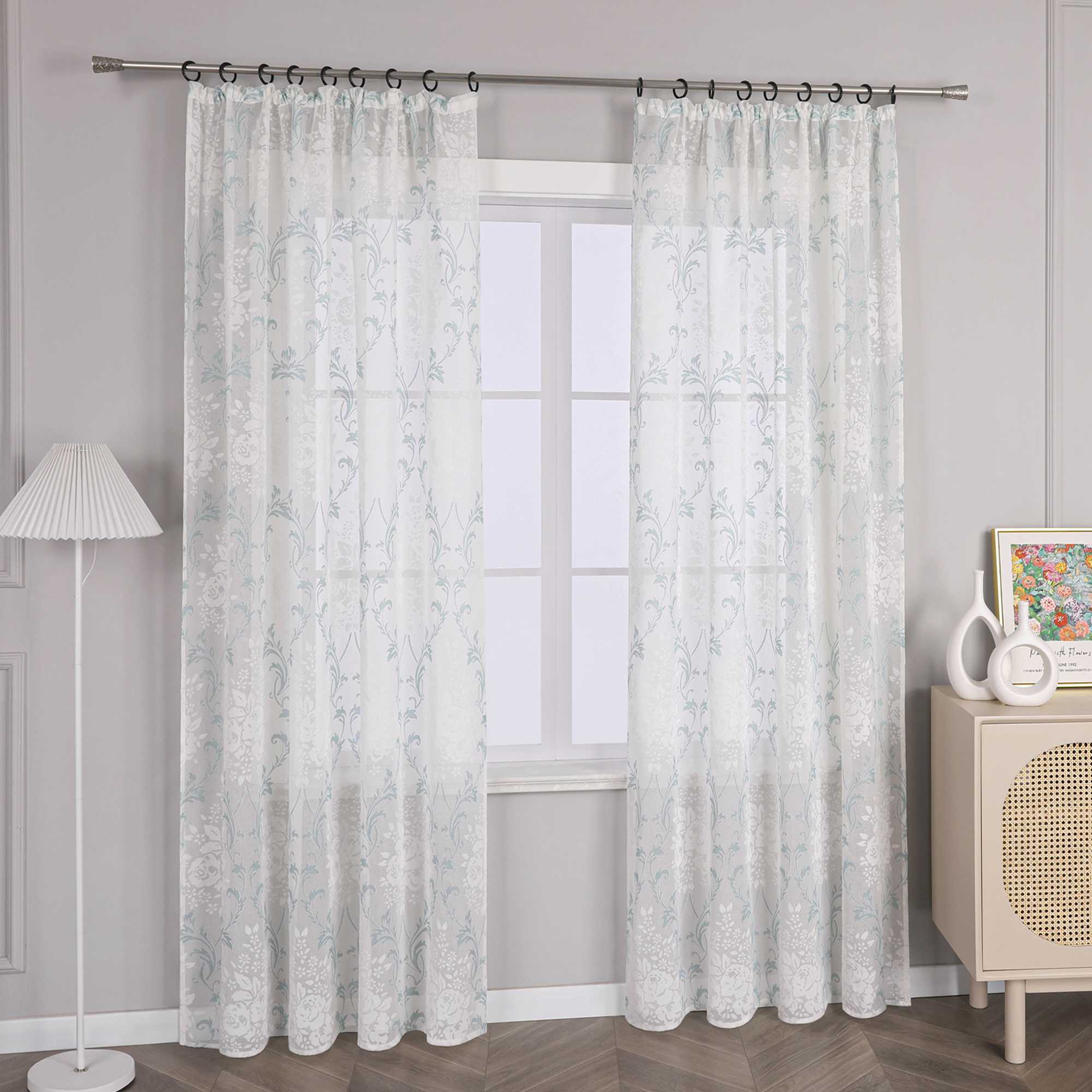 Curtain with Floral Pattern, Solid Color Lightweight Semi-Sheer