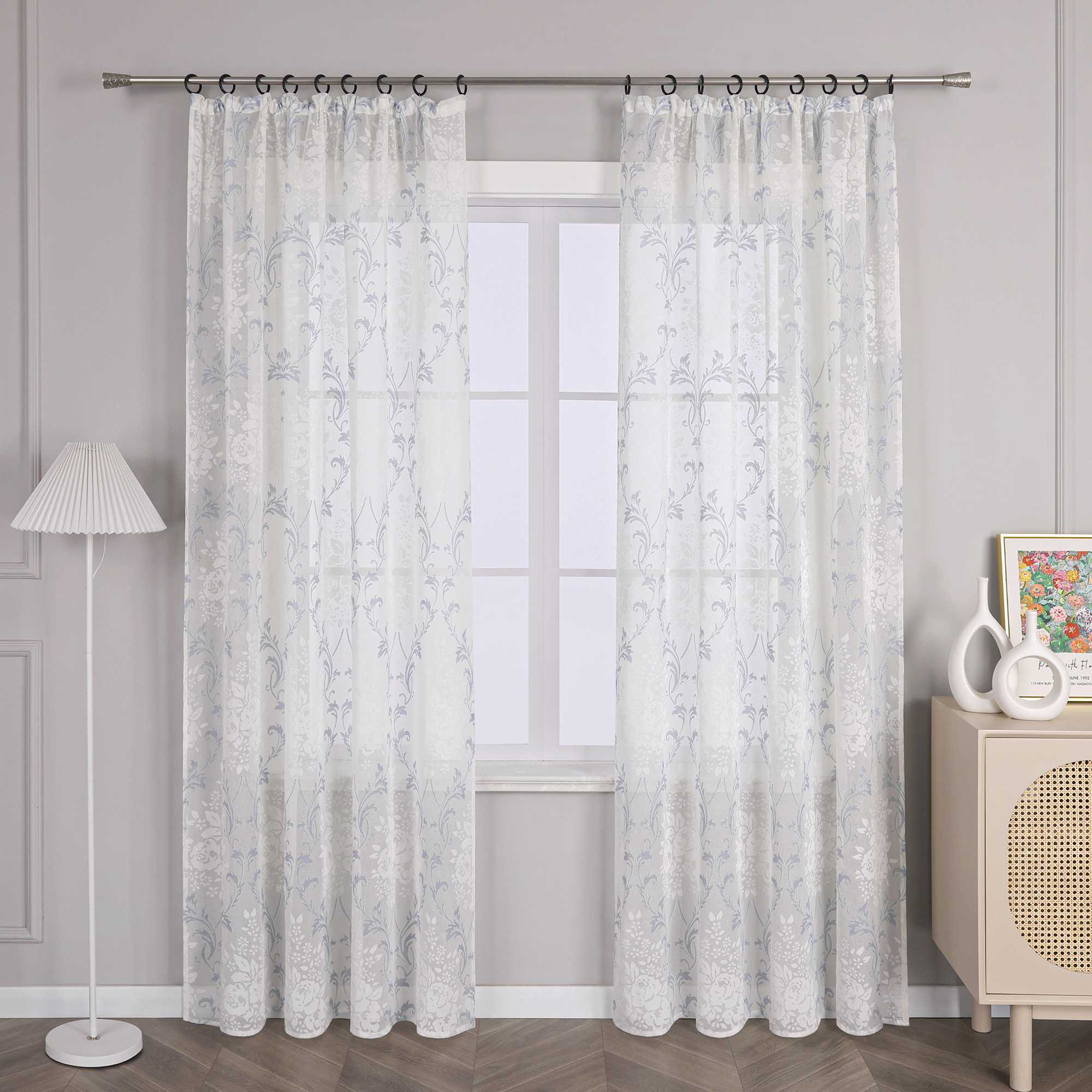 Curtain with Floral Pattern, Solid Color Lightweight Semi-Sheer - Beige, H x W 225 x 140cm