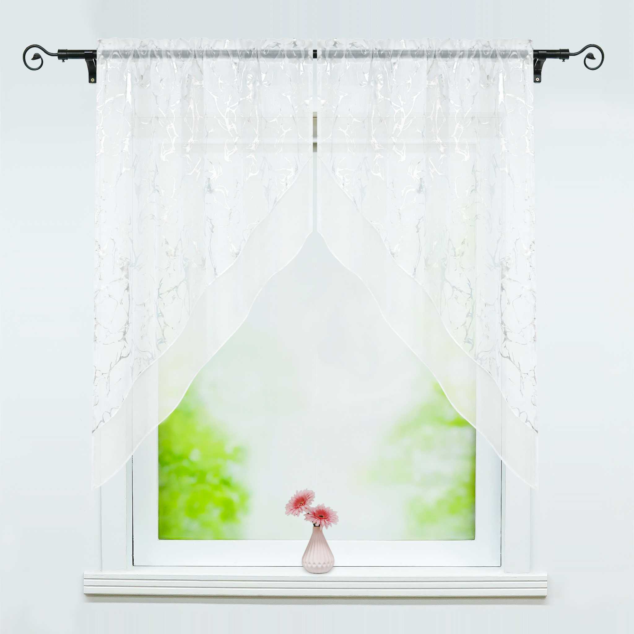 Cafe Curtain Double-Layer with Silver Marble Pattern Set of 2 - White, W x H 120 x 125cm