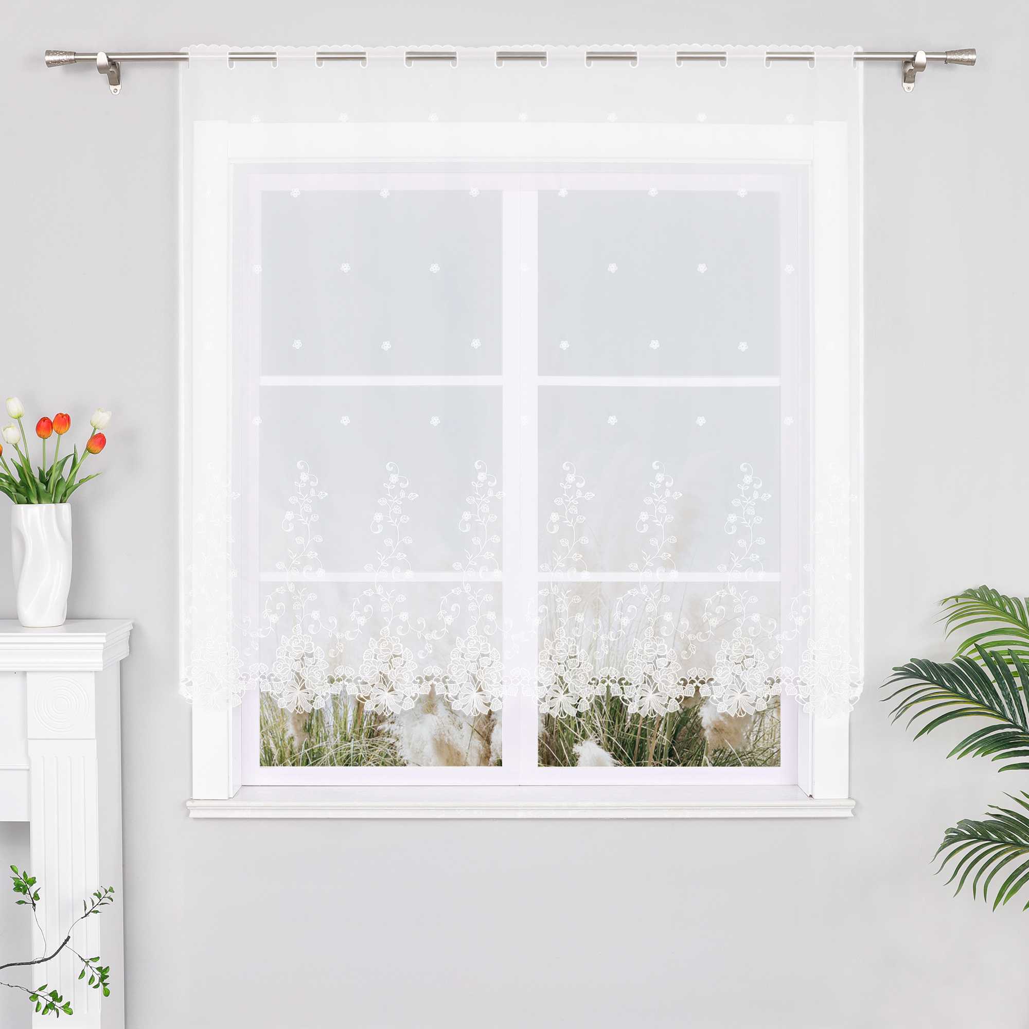 Cafe Curtain with Delicate Floral Designs and Rod Pocket
