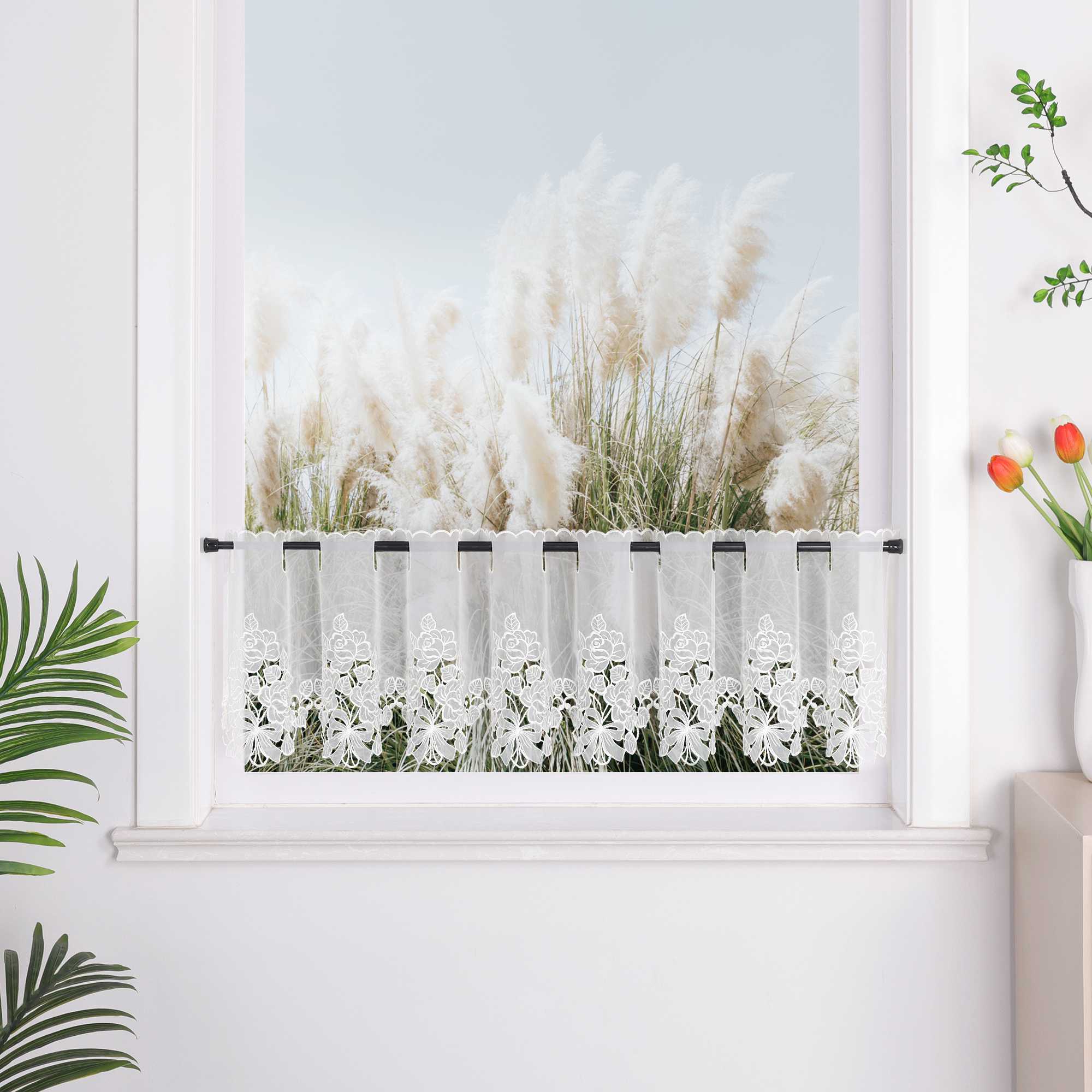 Cafe Curtain with Delicate Floral Designs and Rod Pocket - Deline, White