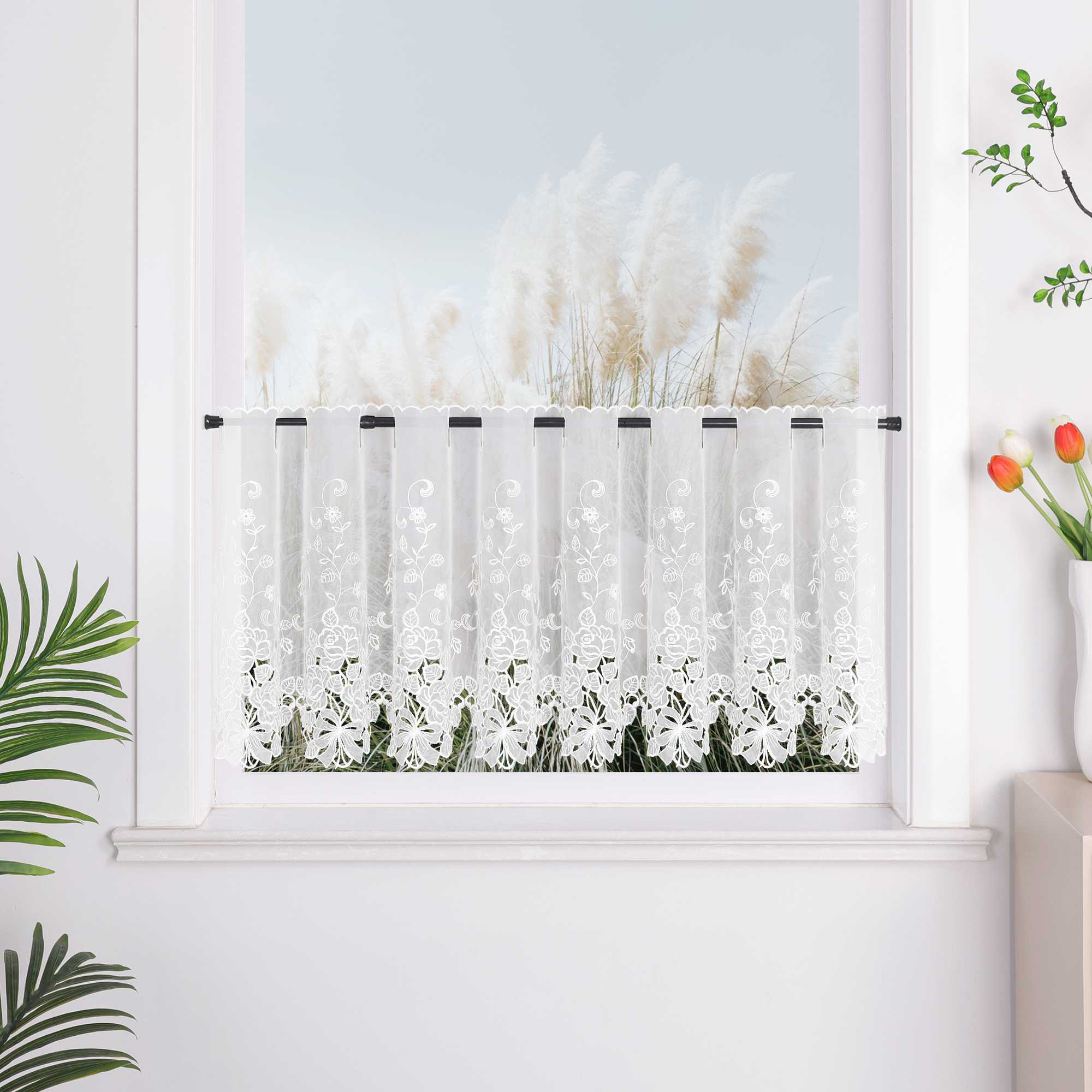 Cafe Curtain with Delicate Floral Designs and Rod Pocket - Deline, White