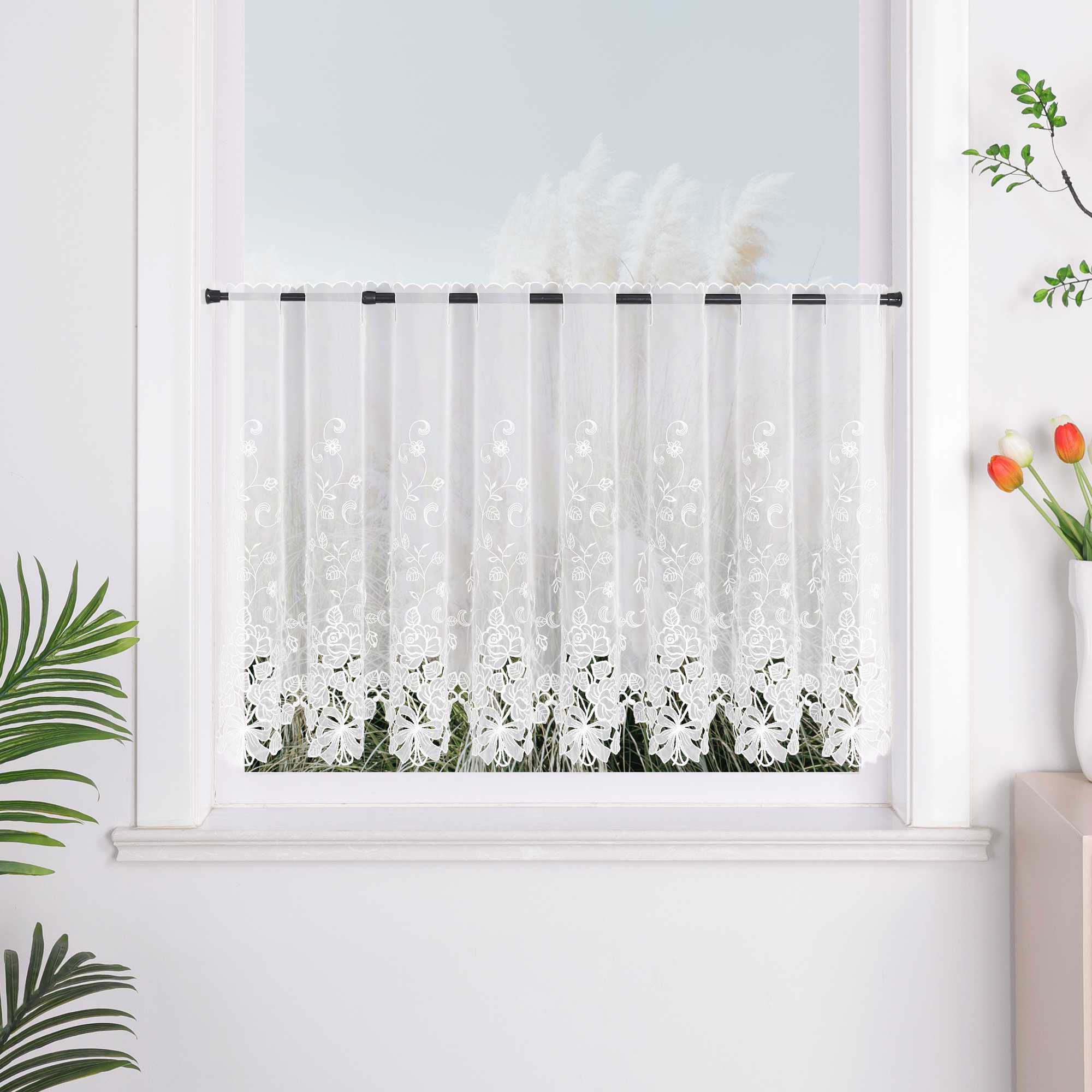 Cafe Curtain with Delicate Floral Designs and Rod Pocket - Deline, White