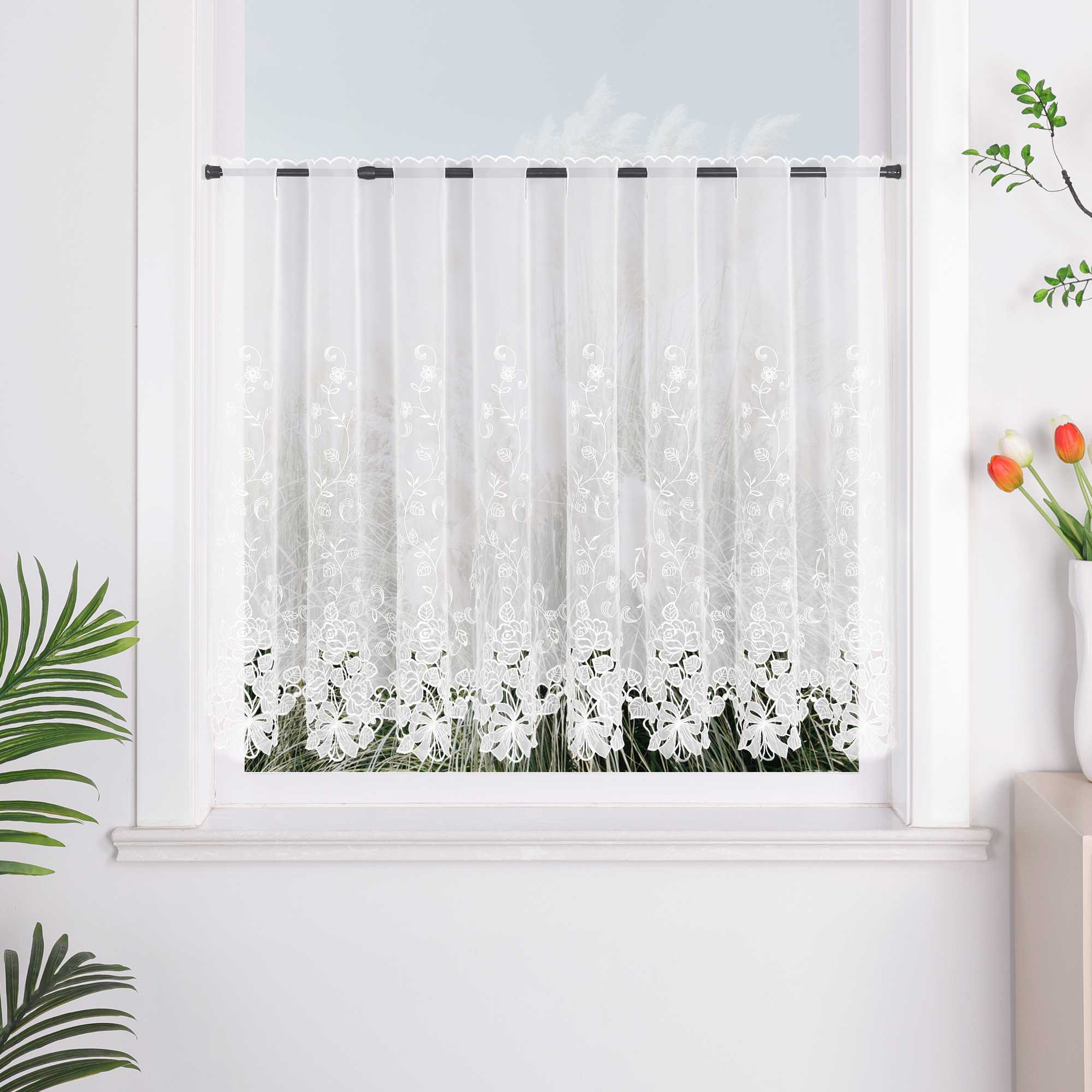 Cafe Curtain with Delicate Floral Designs and Rod Pocket - Deline, White