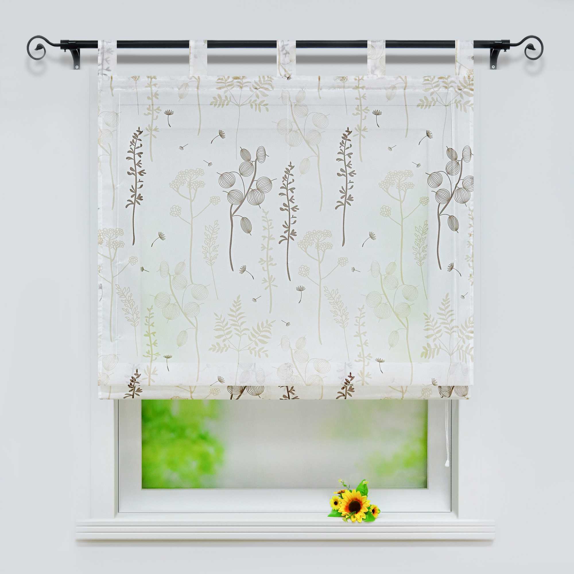 Roman Shade with Tab-Top Hanging with Chinese-Lantern Flower Pattern Semi-Sheer