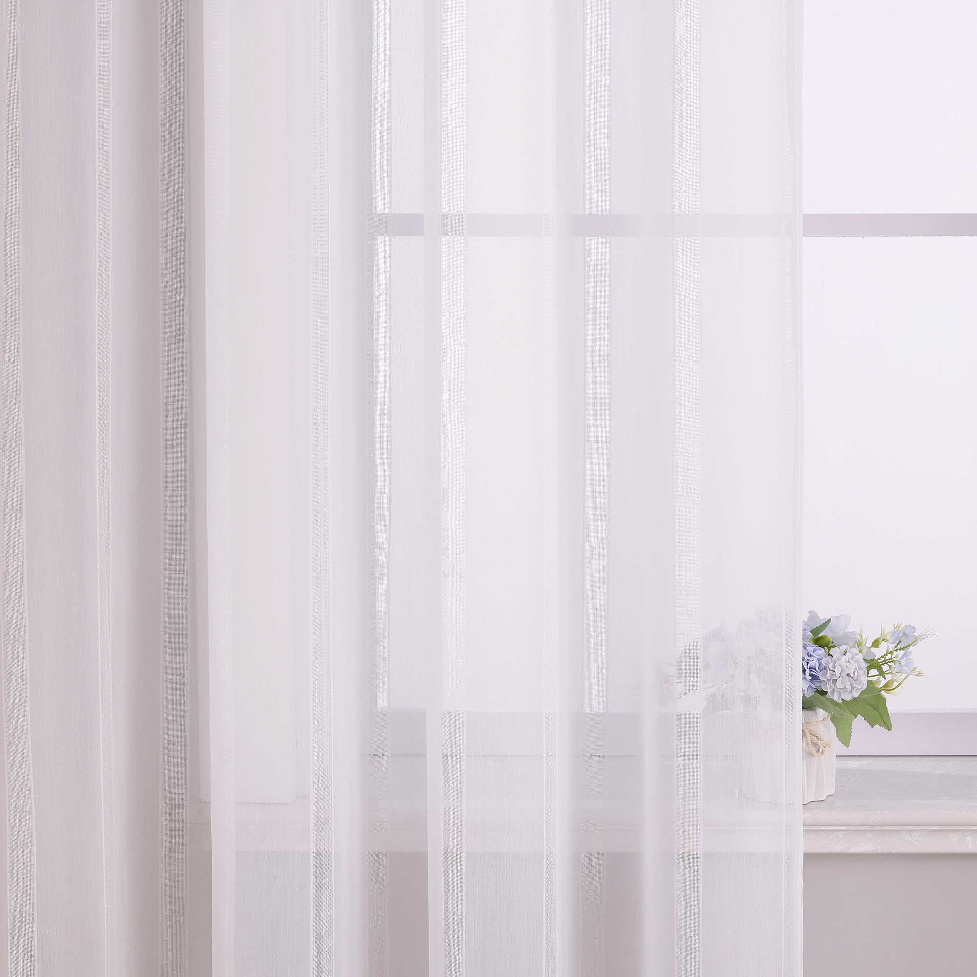 Tab-Top Curtain with Stripes Solid Color Sheer Light-Filtering - White, W x H 140 x 245cm