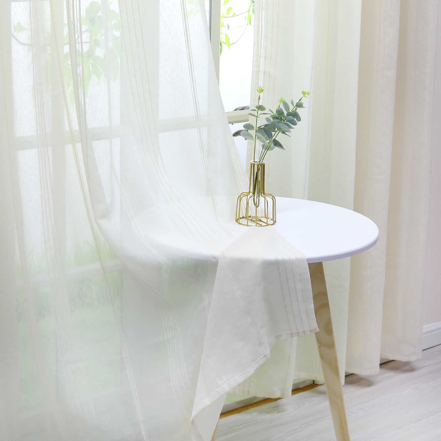Curtain Set of 2 Voile Curtains with Stripes Sheer