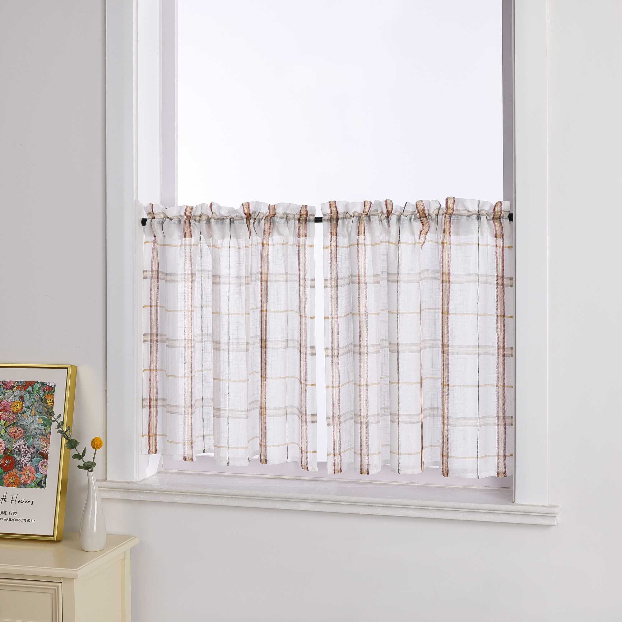 Cafe Curtain with Modern Check Pattern in Linen-Look Fabric Set of 2 - Red, H x W 45 x 120cm