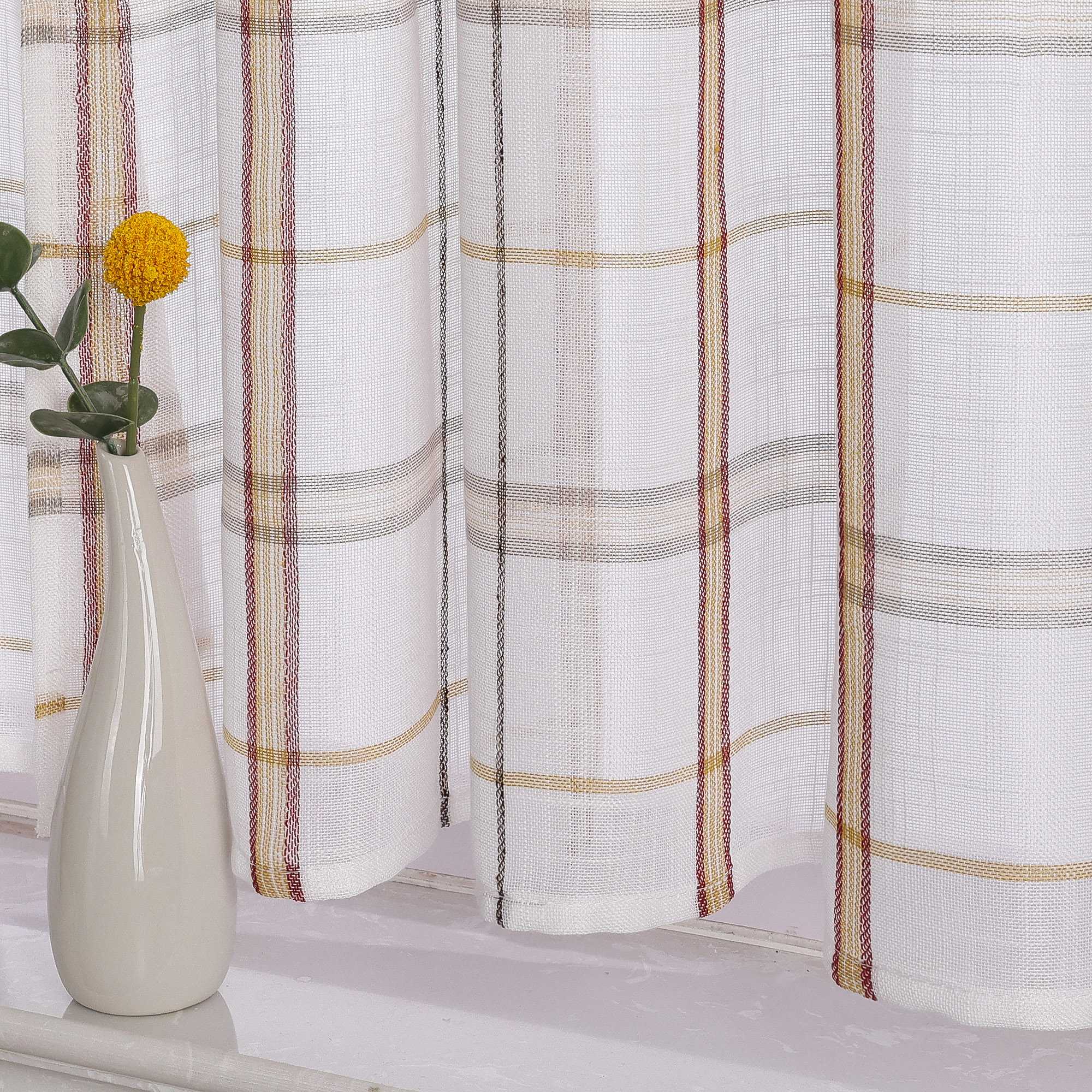 Cafe Curtain with Modern Check Pattern in Linen-Look Fabric Set of 2 - Red, H x W 60 x 90cm