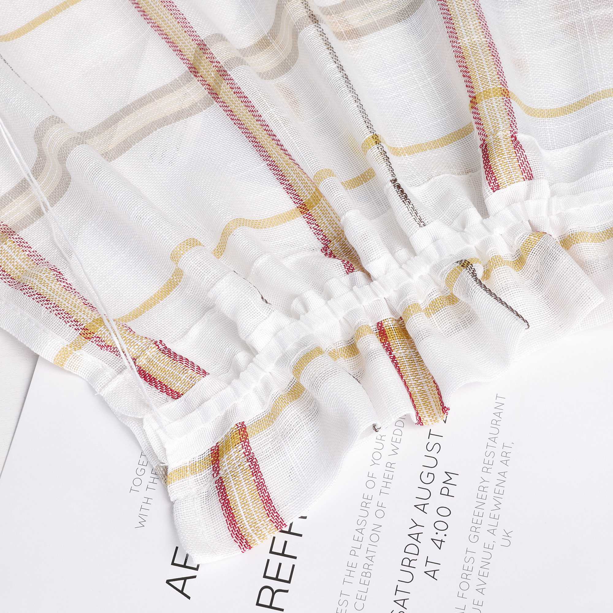 Cafe Curtain with Modern Check Pattern in Linen-Look Fabric Set of 2 - Red, H x W 90 x 90cm