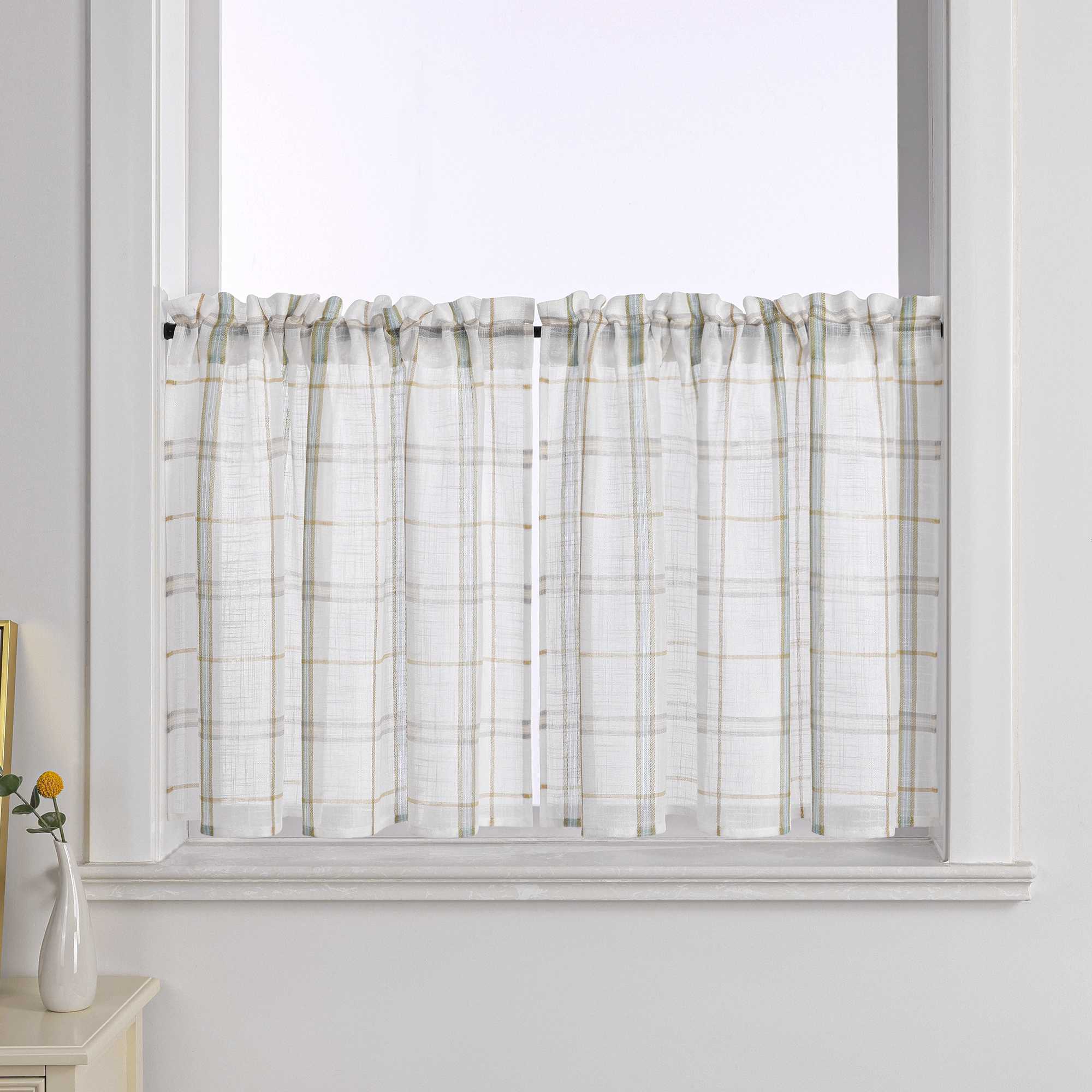 Cafe Curtain with Modern Check Pattern in Linen-Look Fabric Set of 2 - Blue, H x W 90 x 90cm