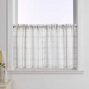 Cafe Curtain with Modern Check Pattern in Linen-Look Fabric Set of 2 - Blue, H x W 90 x 90cm