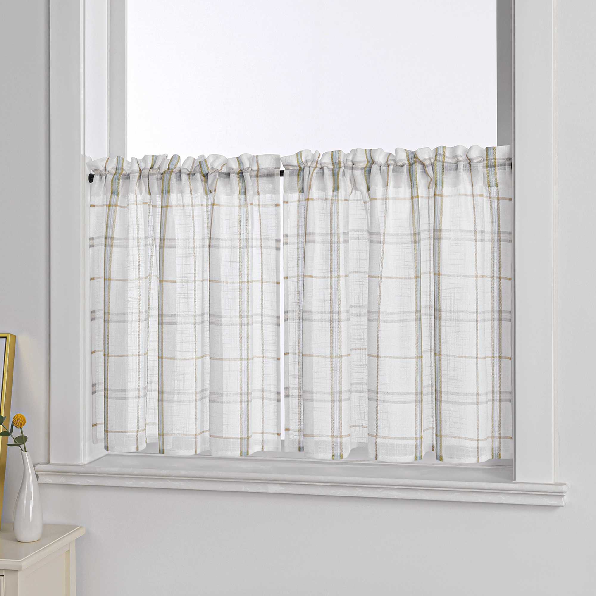 Cafe Curtain with Modern Check Pattern in Linen-Look Fabric Set of 2 - Blue, H x W 90 x 110cm