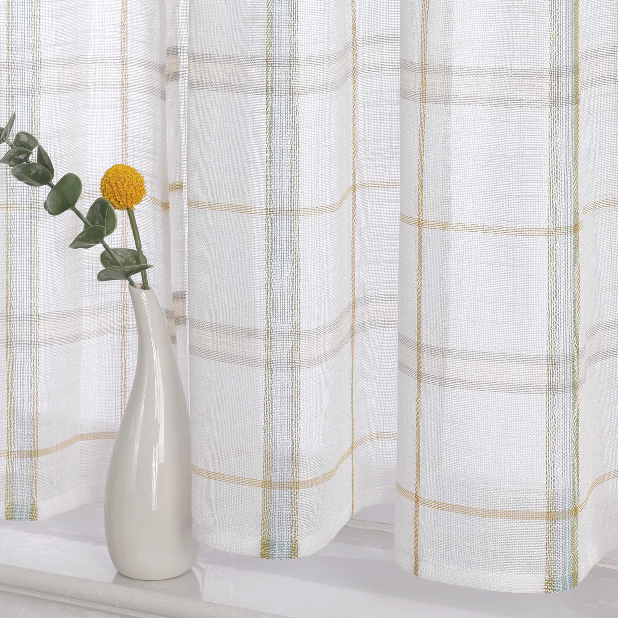 Cafe Curtain with Modern Check Pattern in Linen-Look Fabric Set of 2 - Gray, H x W 45 x 120cm