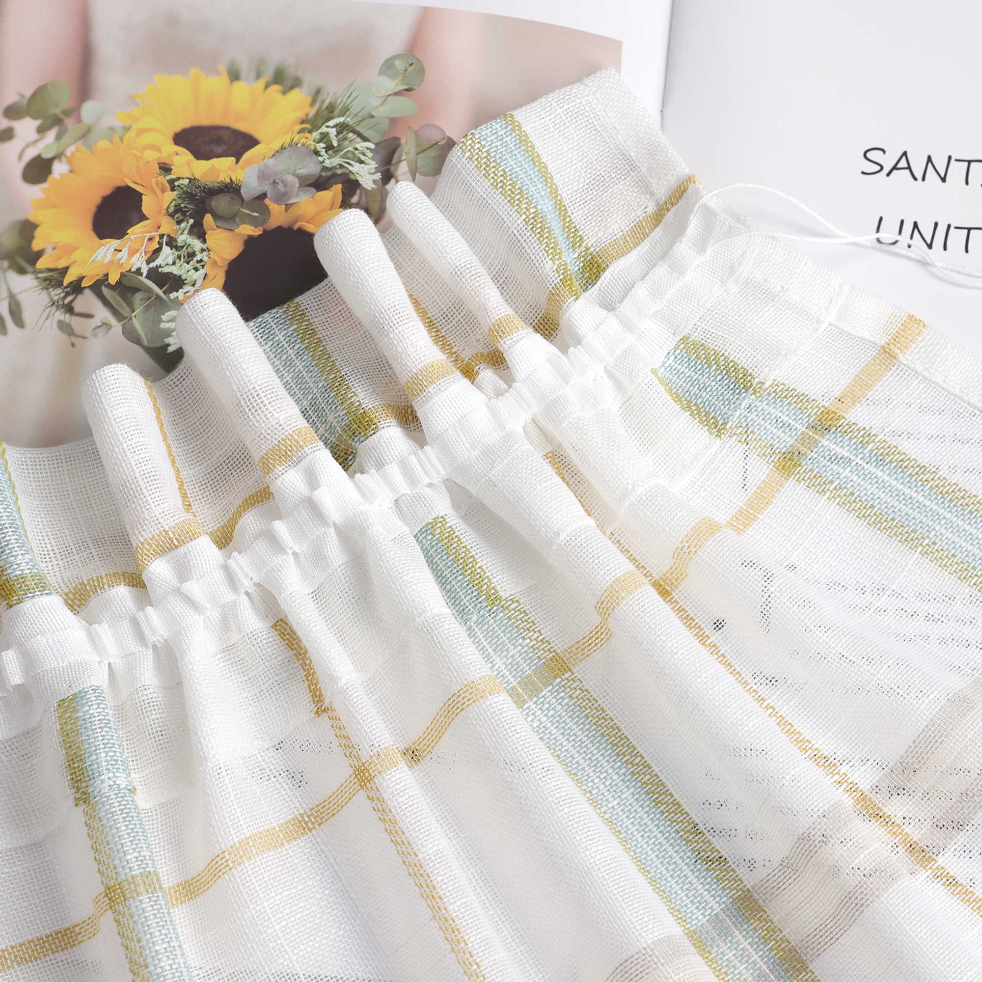 Cafe Curtain with Modern Check Pattern in Linen-Look Fabric Set of 2 - Gray, H x W 60 x 120cm