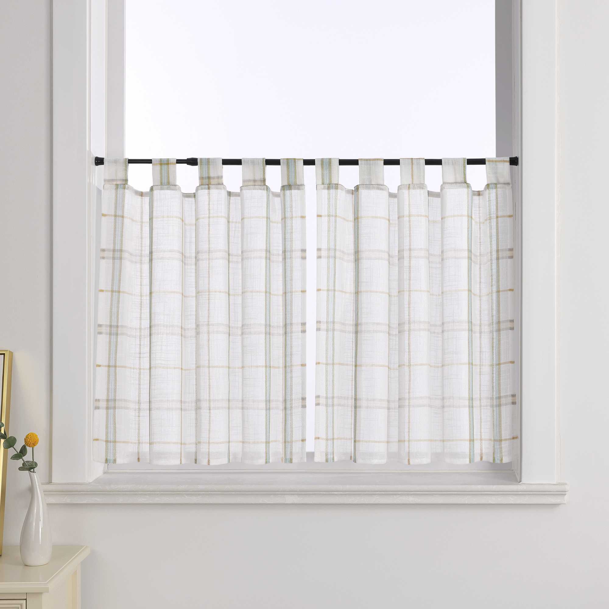 Cafe Curtains in Linen-Look Fabric with Check Pattern Set of 2 - Green, H x W 60 x 145cm