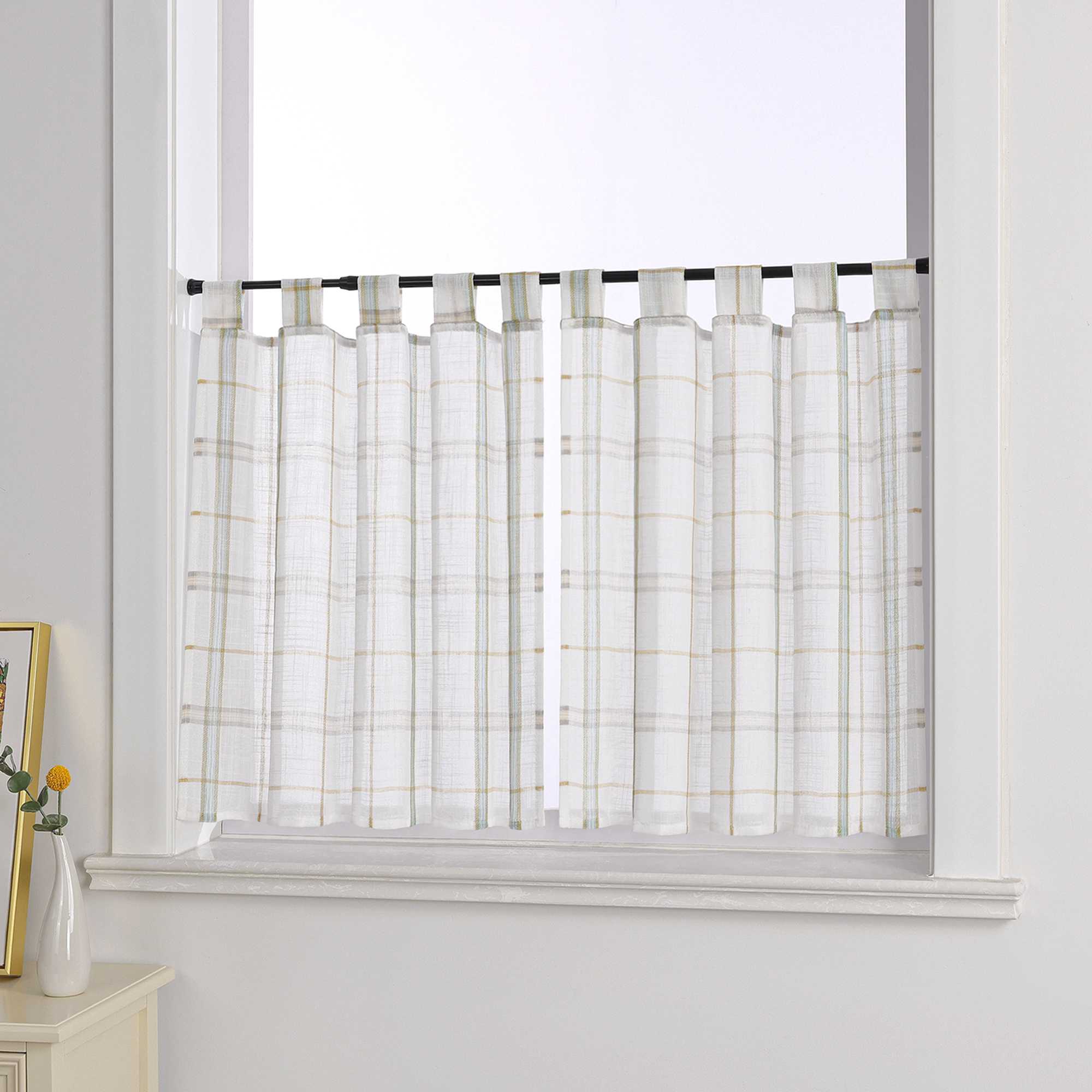 Cafe Curtains in Linen-Look Fabric with Check Pattern Set of 2 - Green, H x W 60 x 90cm