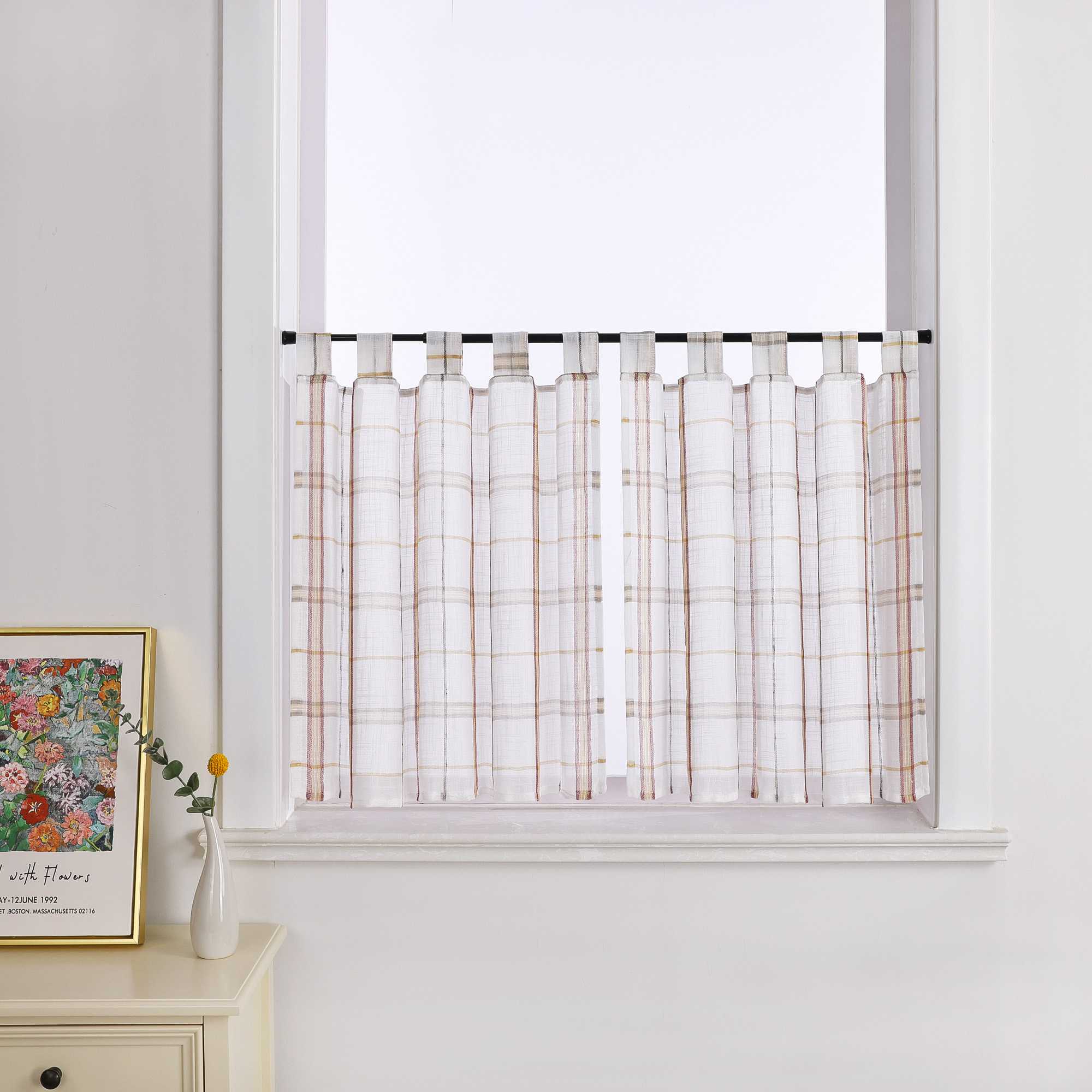Cafe Curtains in Linen-Look Fabric with Check Pattern Set of 2 - Red, H x W 45 x 90cm
