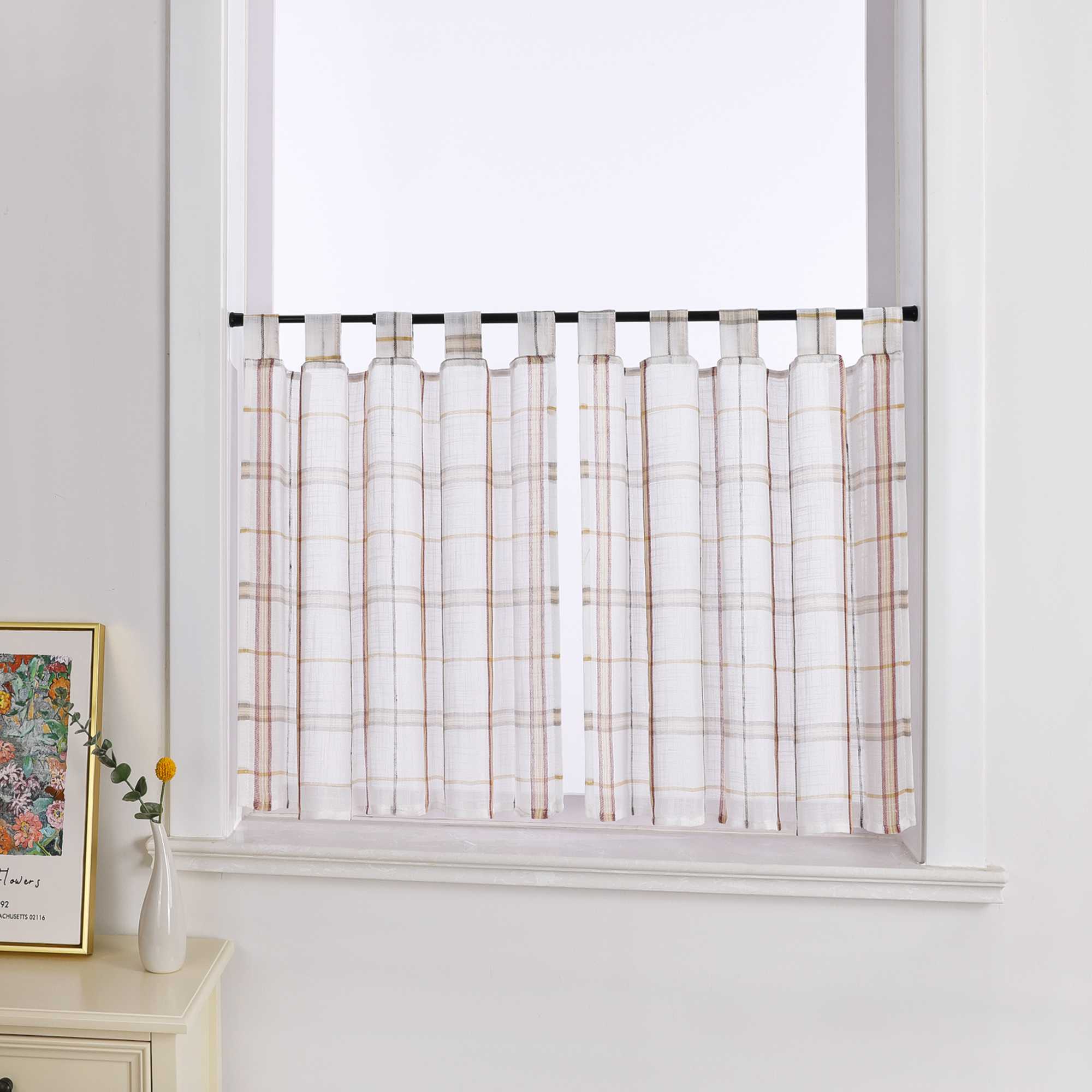 Cafe Curtains in Linen-Look Fabric with Check Pattern Set of 2 - Red, H x W 45 x 120cm