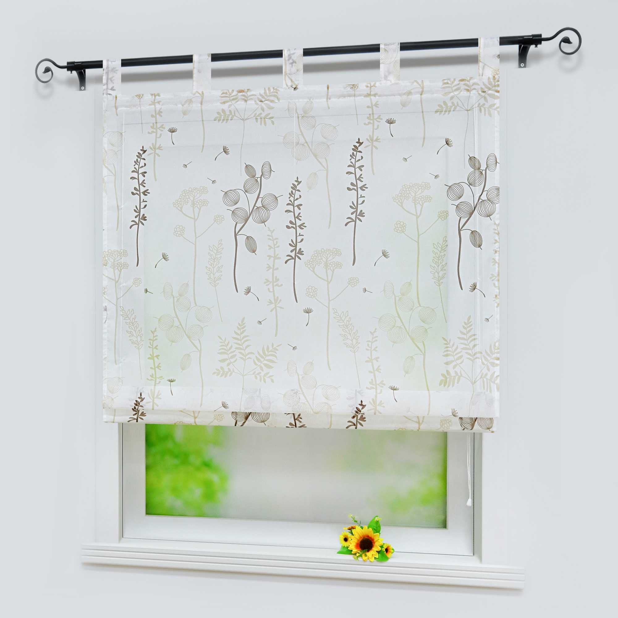 Roman Shade with Tab-Top Hanging with Chinese-Lantern Flower Pattern Semi-Sheer