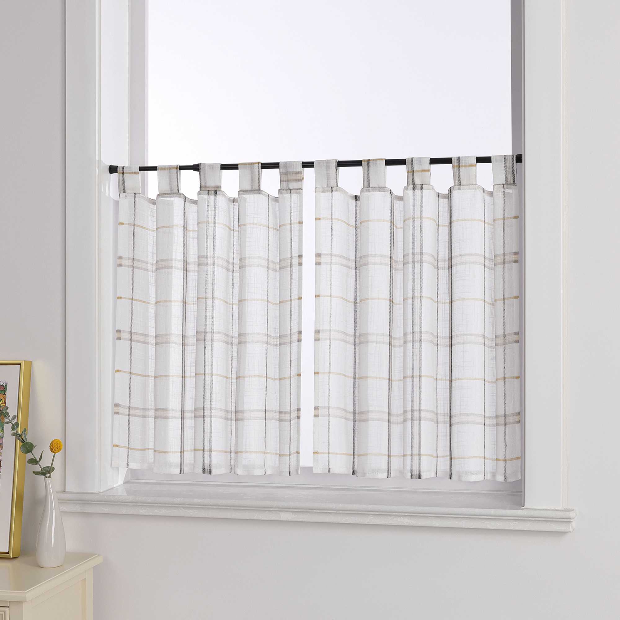 Cafe Curtains in Linen-Look Fabric with Check Pattern Set of 2 - Blue, H x W 45 x 90cm