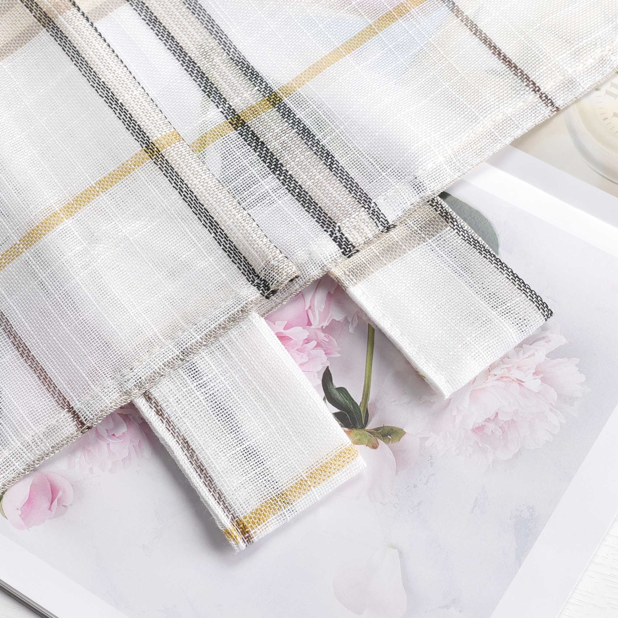 Cafe Curtains in Linen-Look Fabric with Check Pattern Set of 2 - Blue, H x W 60 x 145cm