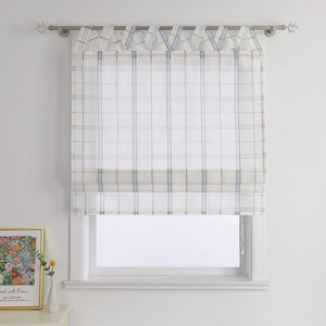 Roman Shade with V-Shaped Tab Tops in Linen-Look Fabric with Check Pattern - Gray, W x H 60 x 140cm