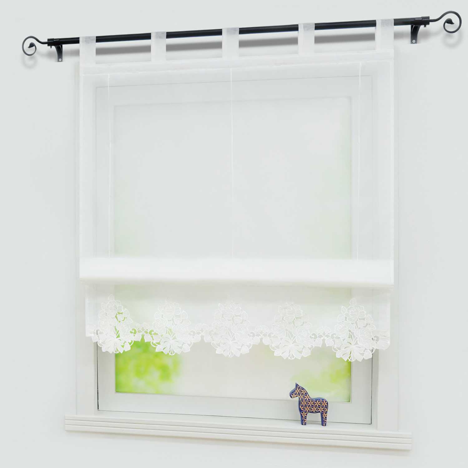 Roman Shade with Tab-Top Hanging with Embroidery Country Style White - White, W x H 80 x 155cm