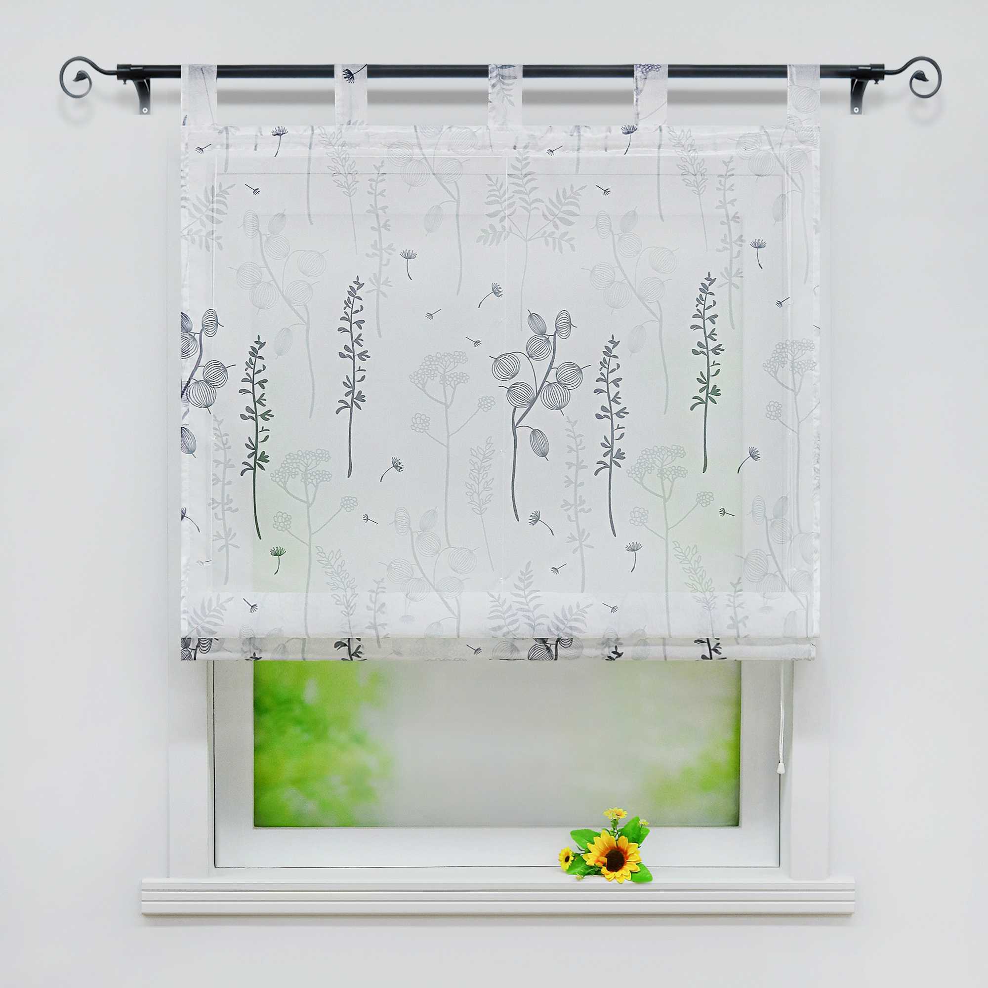 Roman Shade with Tab-Top Hanging with Chinese-Lantern Flower Pattern Semi-Sheer - Gray, W x H 80 x 140cm