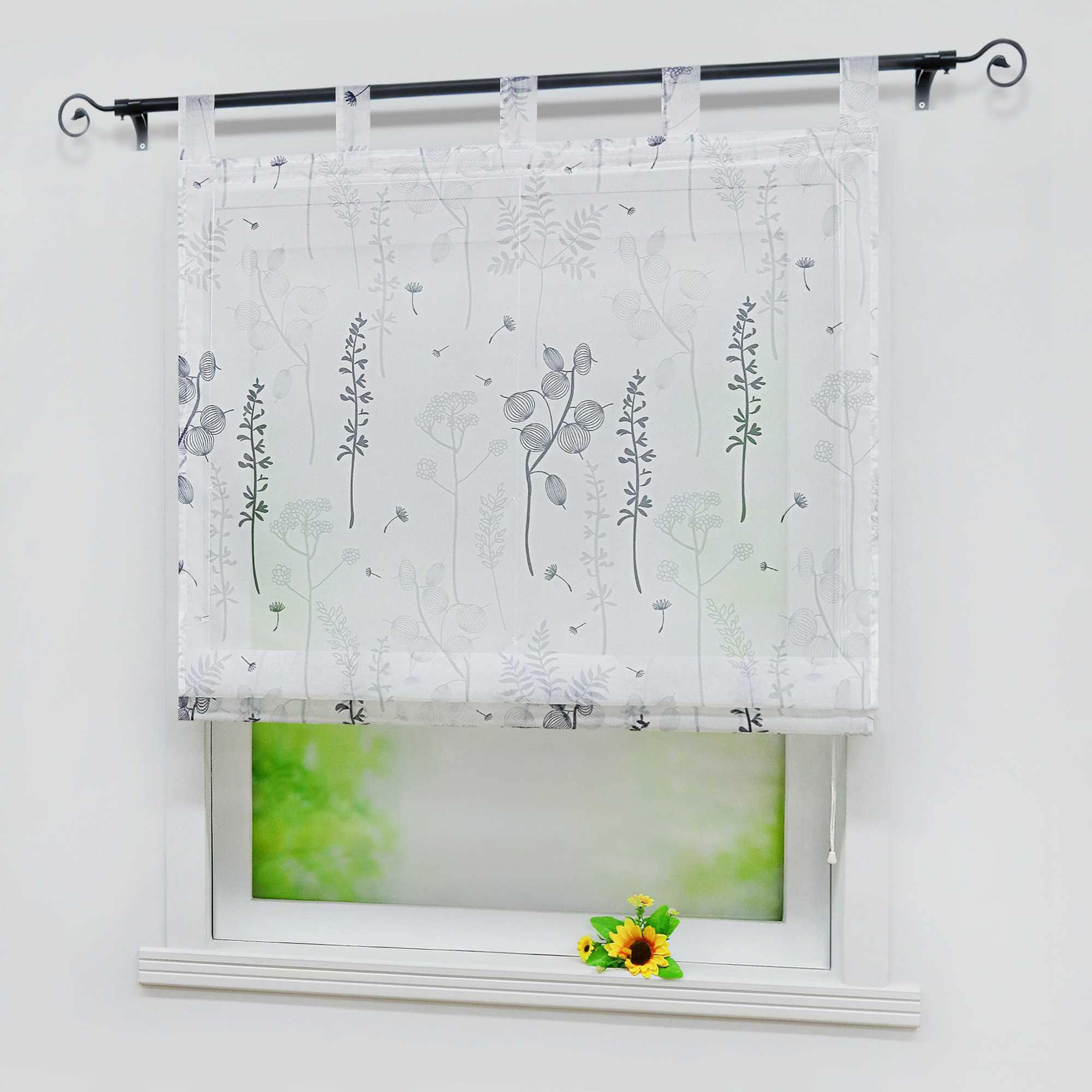 Roman Shade with Tab-Top Hanging with Chinese-Lantern Flower Pattern Semi-Sheer - Gray, W x H 100 x 140cm