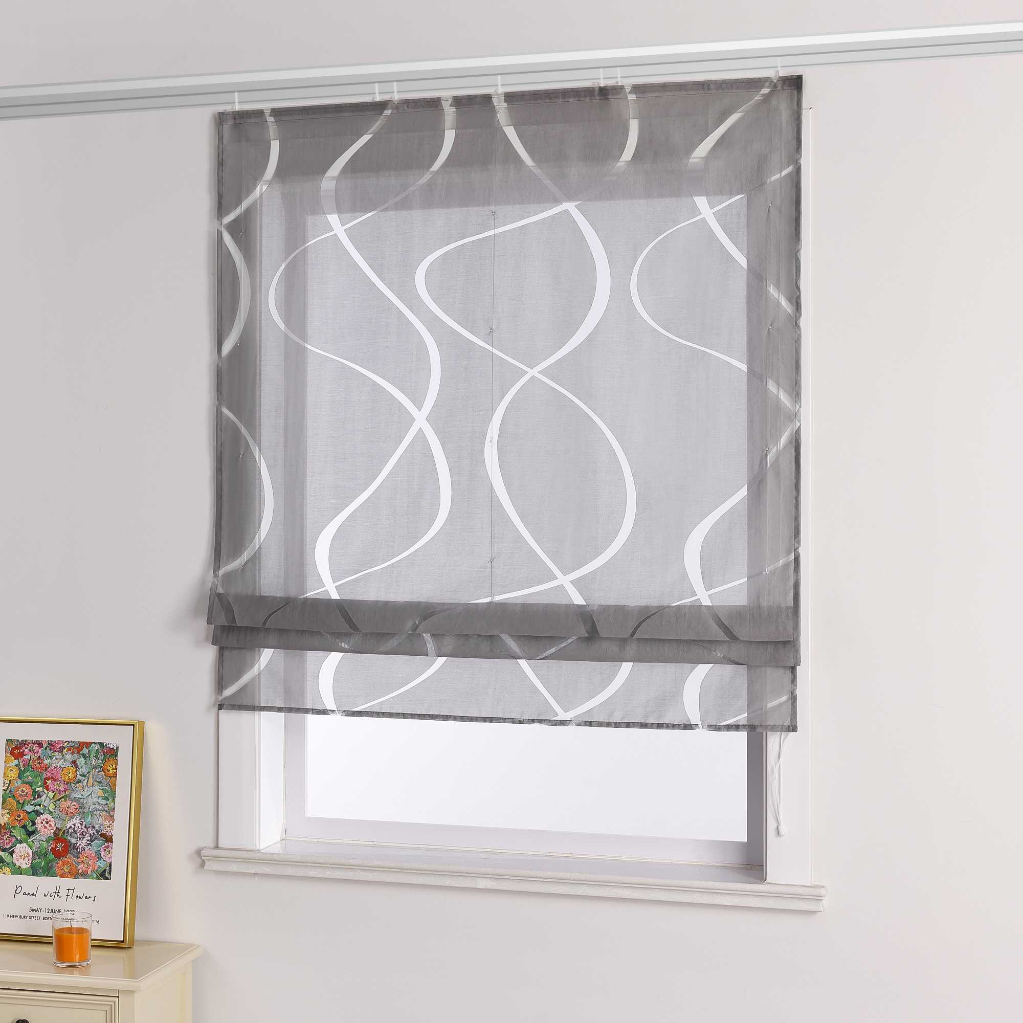 Roman Shade Hook-and-Loop with Wave Pattern Solid Color 1 Piece - Gray, H x W 140 x 120cm