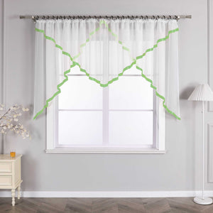 Cafe Curtain with Scalloped Edge, Satin Ribbon and Valance - Black, H x W 145 x 450cm