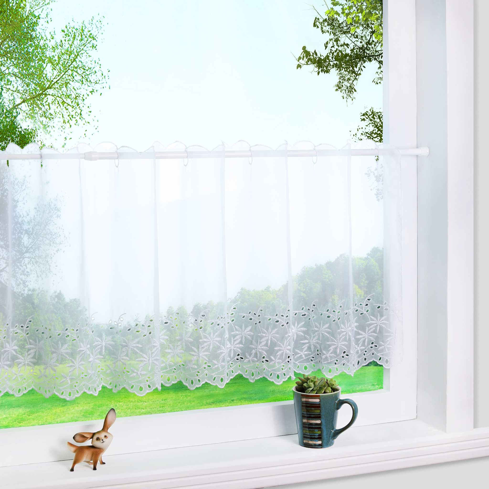 Cafe Curtain with Maple-Leaf Design - White, H x W 30 x 90cm
