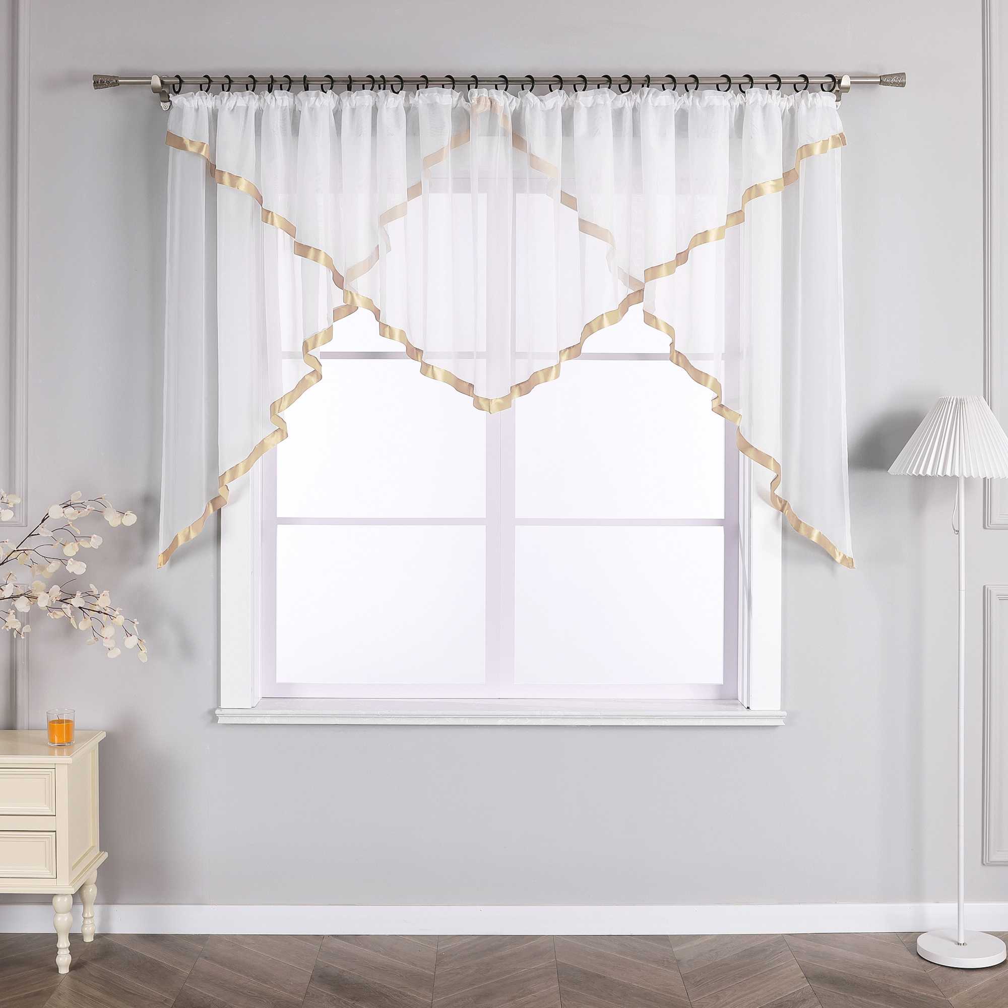 Cafe Curtain with Scalloped Edge, Satin Ribbon and Valance - Sand, H x W 120 x 300cm