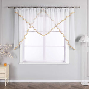 Cafe Curtain with Scalloped Edge, Satin Ribbon and Valance - Sand, H x W 120 x 300cm