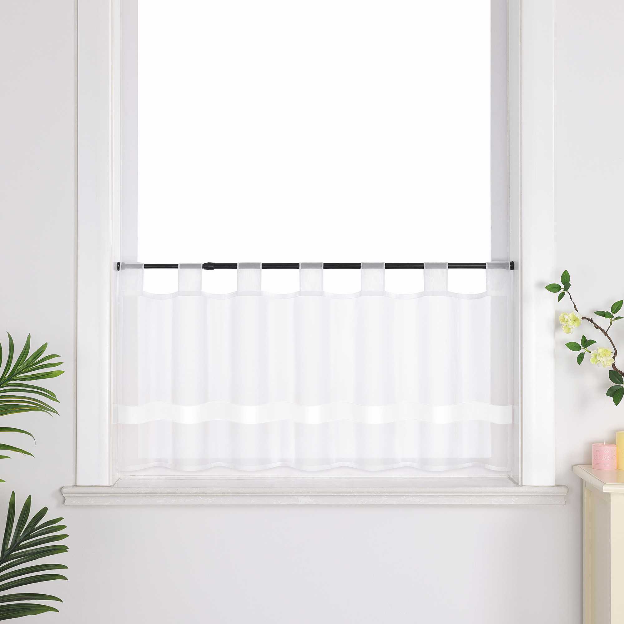 Cafe Curtain with Satin Ribbon Sheer 1 Piece - White, H x W 45 x 90cm