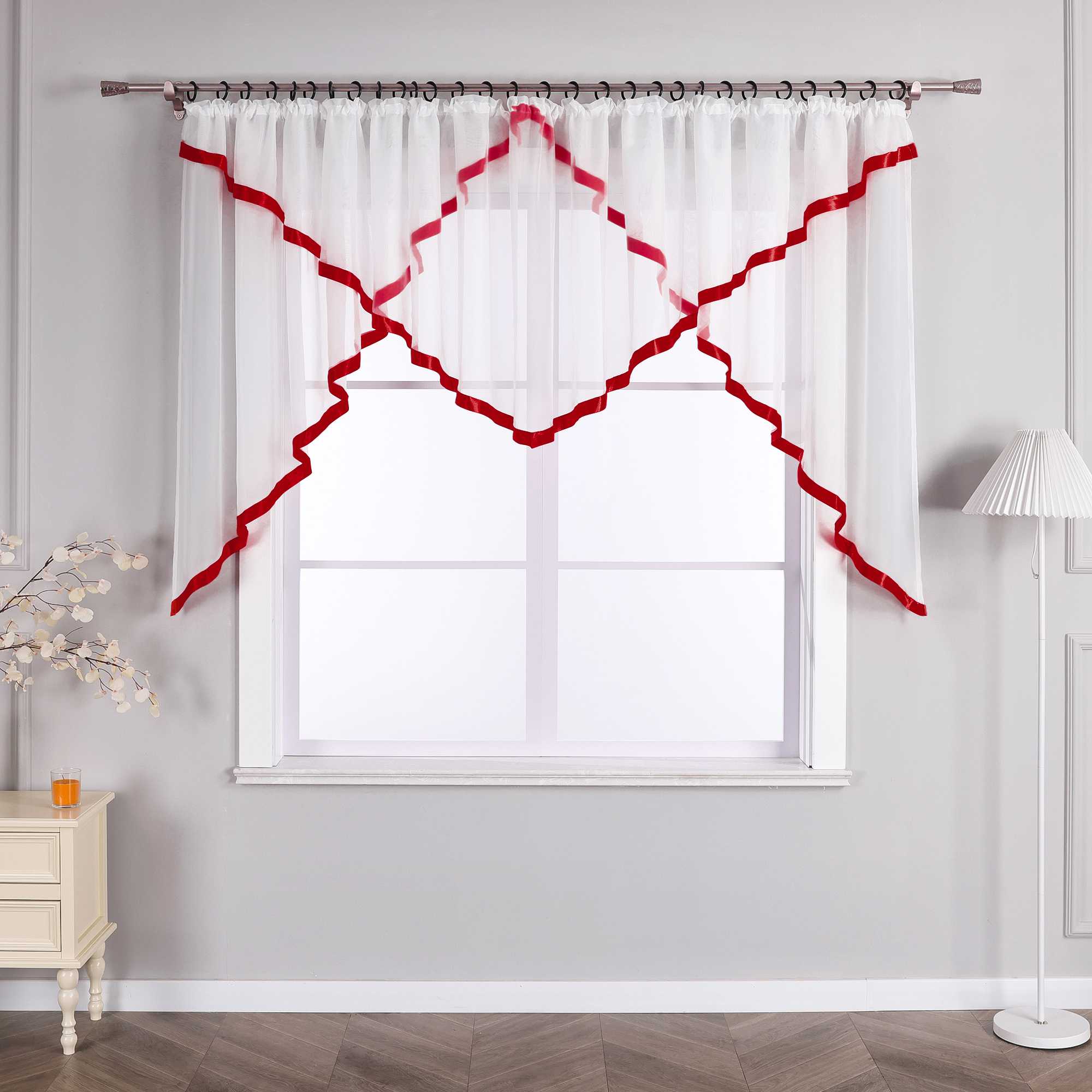 Cafe Curtain with Scalloped Edge, Satin Ribbon and Valance - Red, H x W 145 x 600cm