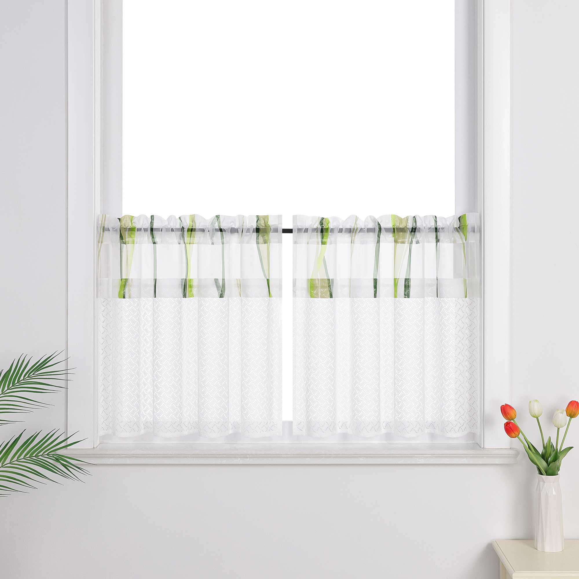 Cafe Curtain with Fine Line Pattern Set of 2 - Green, H x W 120 x 125cm