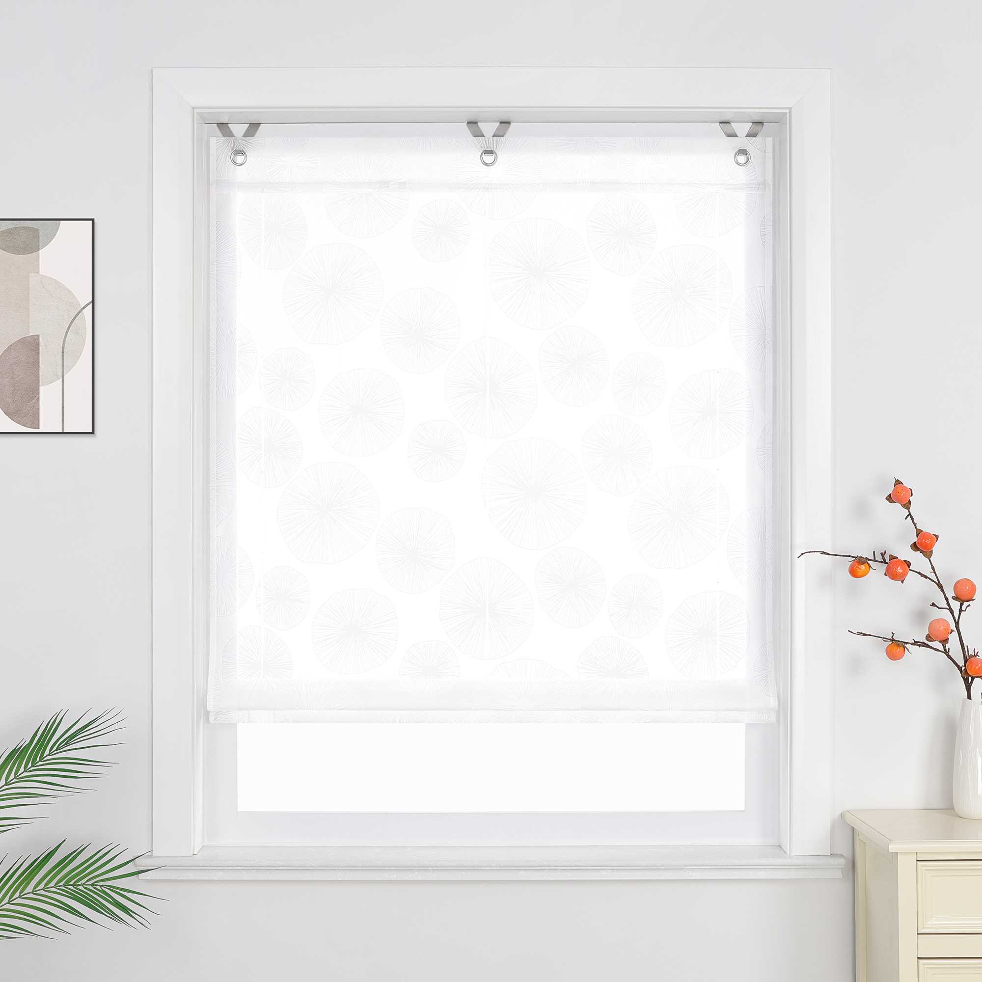 Roman Shade with V-Shaped Tabs Sheer Pilea Peperomioides Pattern 1 Piece - White, W x H 45 x 130cm