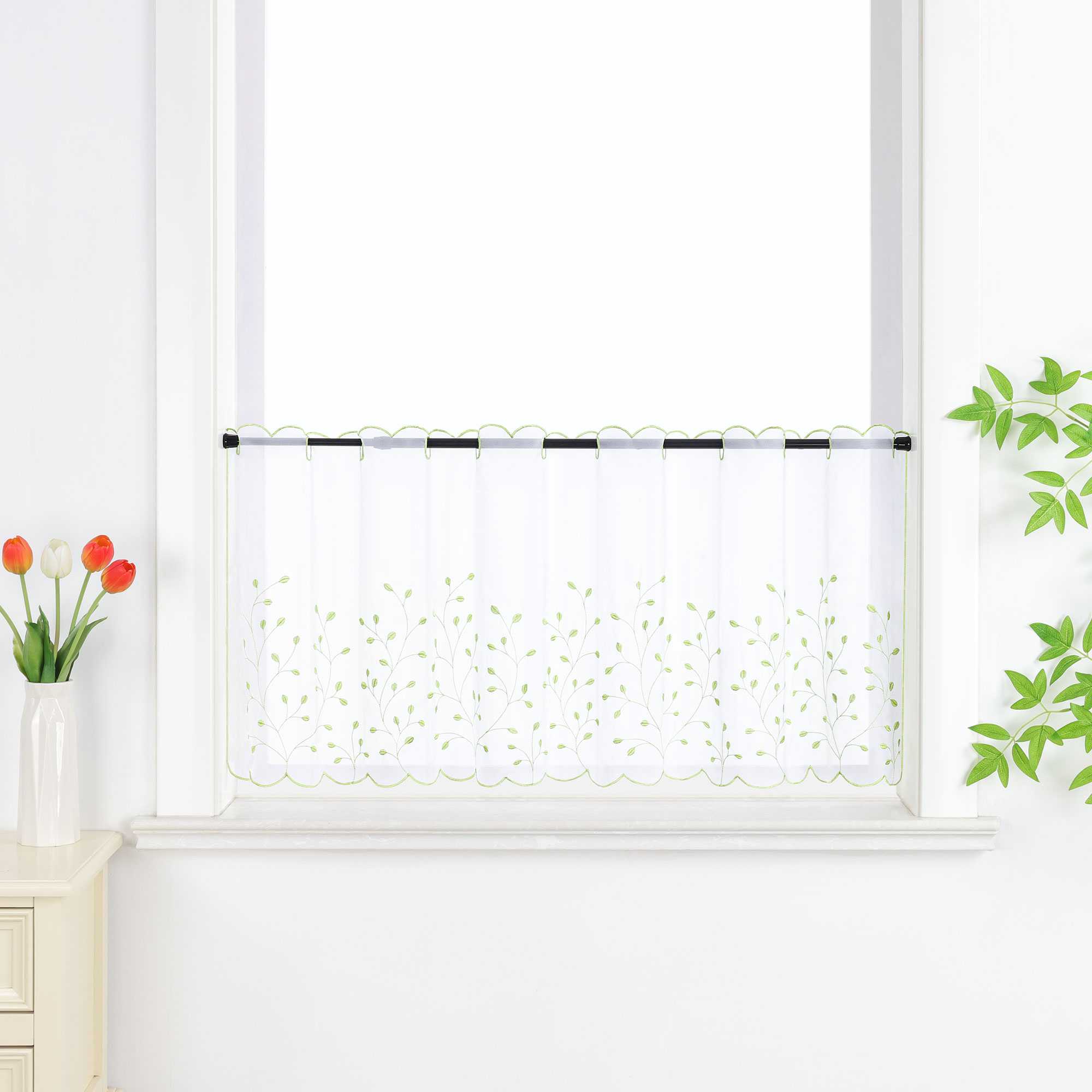 Cafe Curtain with Floral Embroidery/ Voile with Eyelet Header Country Style 1 Piece - Green, H x W 45 x 120cm