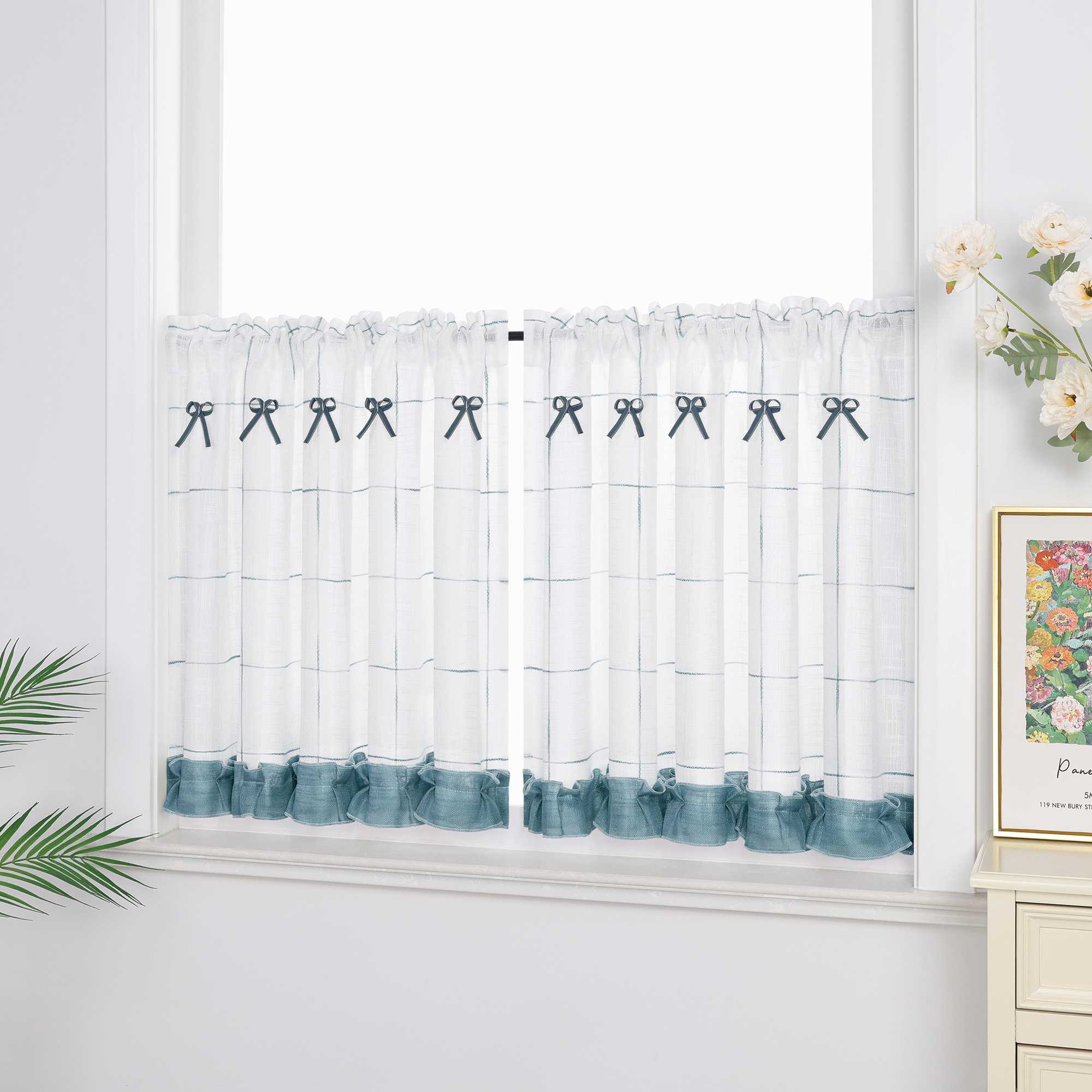 Cafe Curtains with Rod Pocket in Linen-Look Fabric with Ties 1 Piece - White, H x W 80 x 140cm