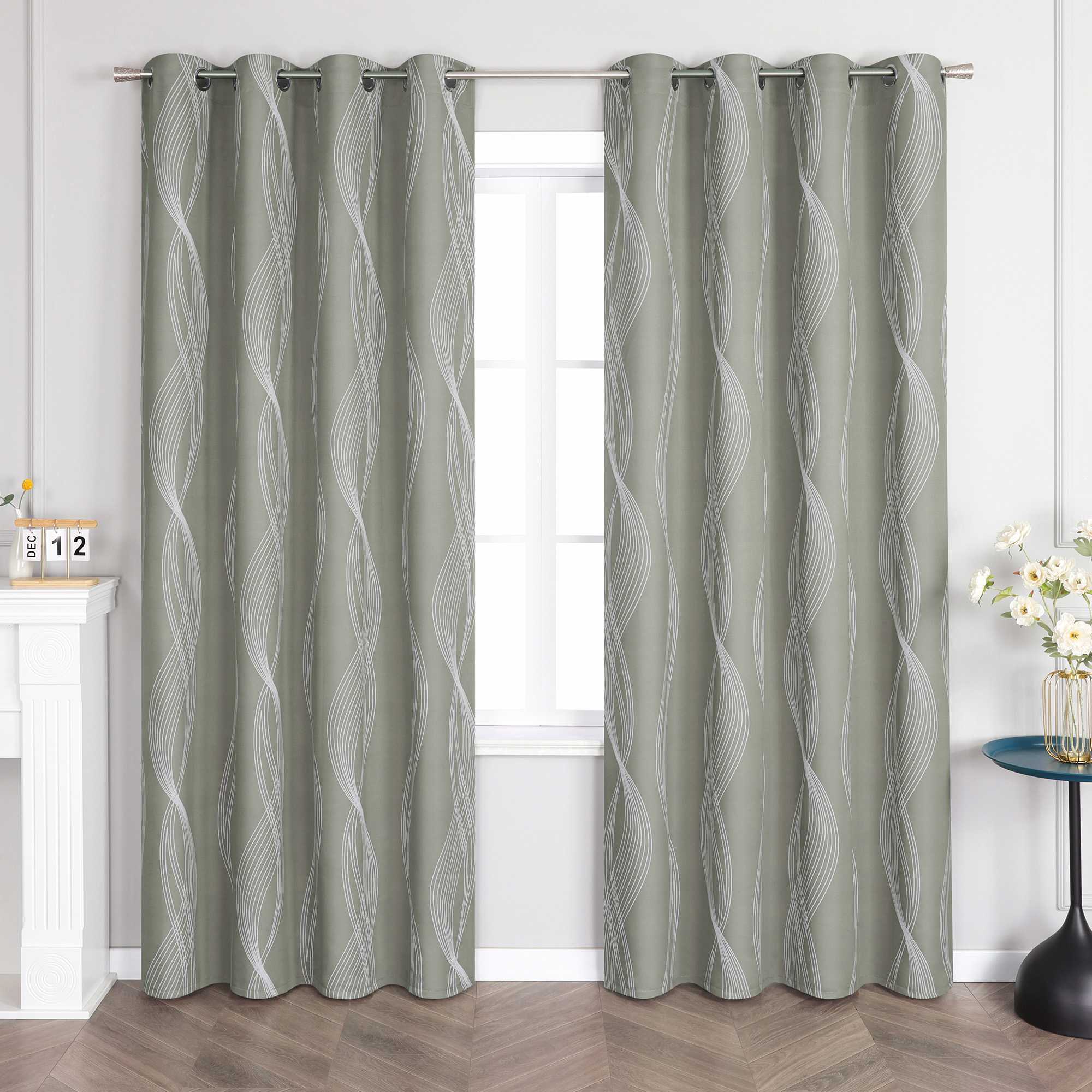 Blackout Grommet Curtain Opaque Thermal with Water-Wave Pattern 1 Piece - Green, H x W 145 x 135cm