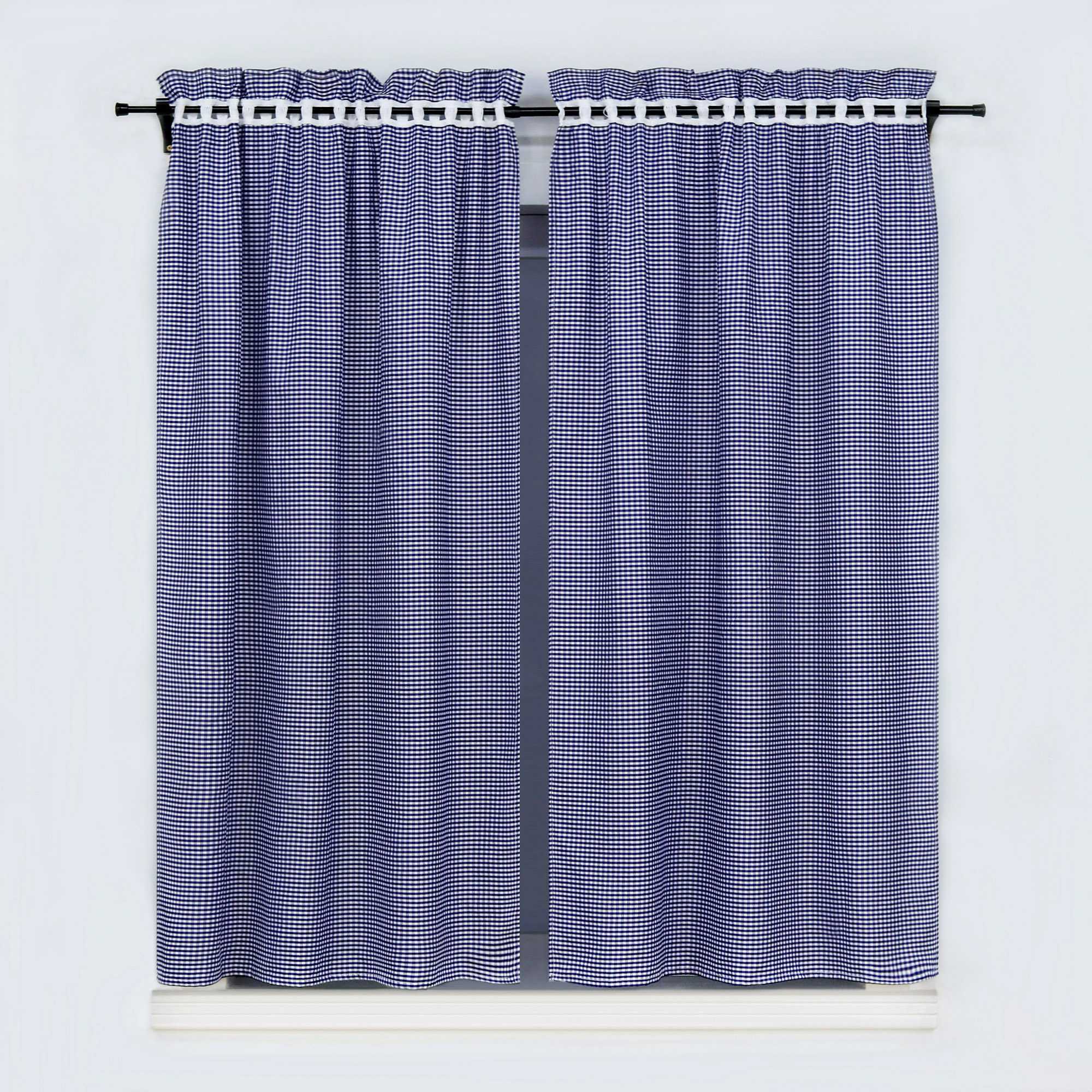 Cafe Curtains in Country Style with Check Pattern Set of 2 - Blue, W x H 100 x 145cm